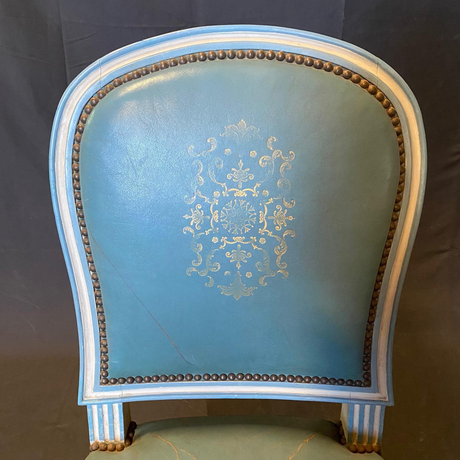 Fine Set of 6 Blue Leather Gold Embossed French Louis XVI Painted Dining Chairs For Sale 6