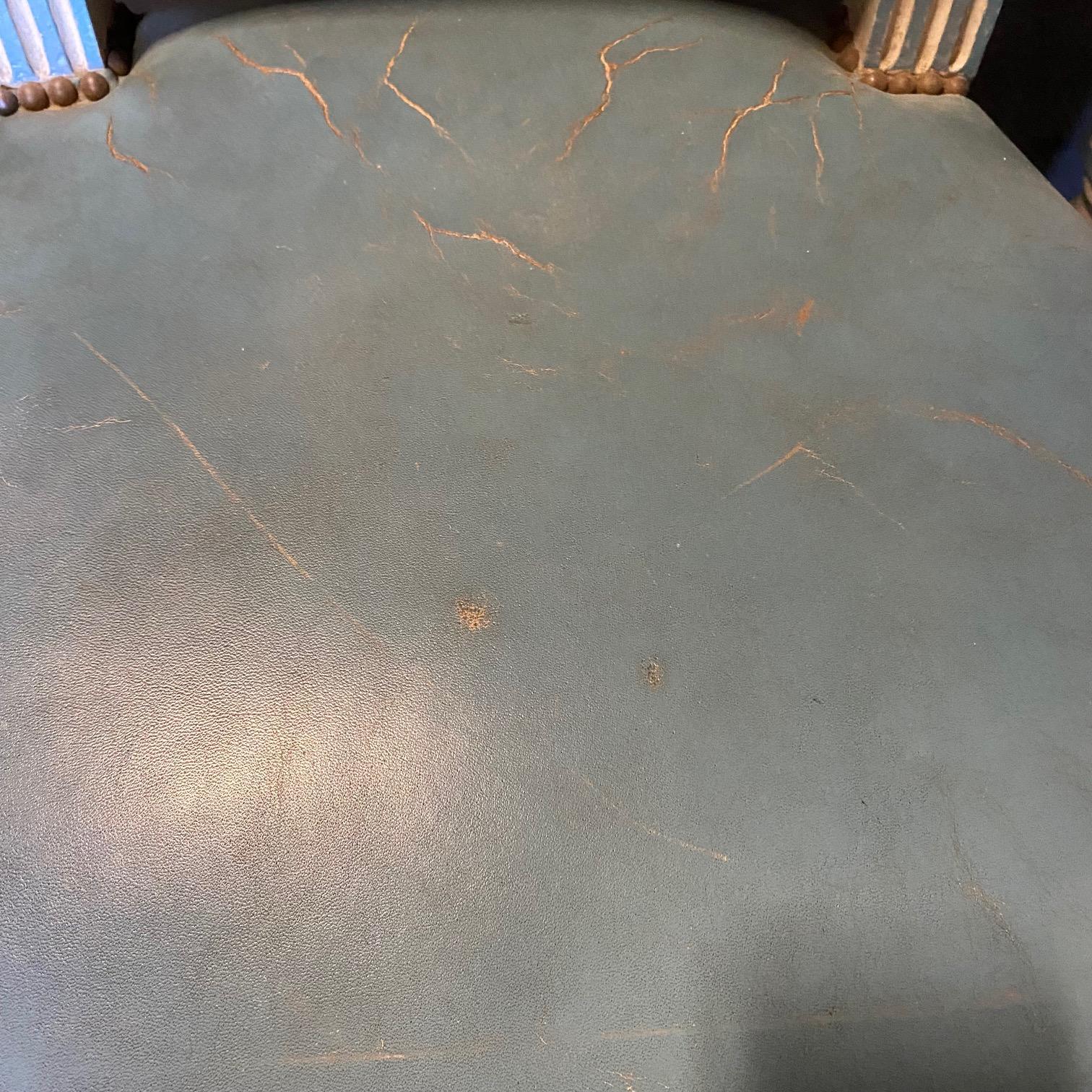 Fine Set of 6 Blue Leather Gold Embossed French Louis XVI Painted Dining Chairs For Sale 7