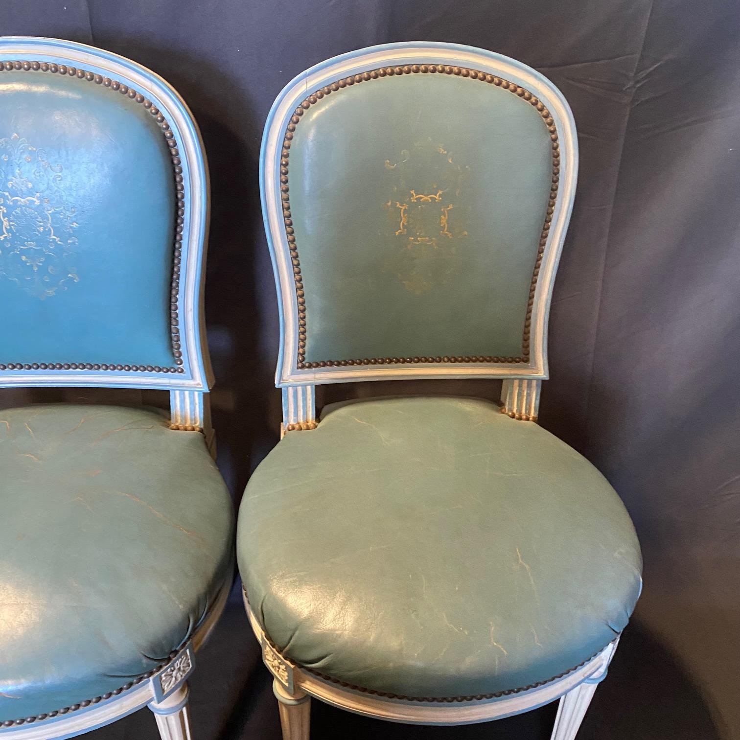 Fine Set of 6 Blue Leather Gold Embossed French Louis XVI Painted Dining Chairs For Sale 9