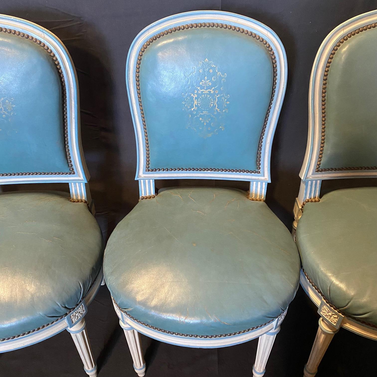 Fine Set of 6 Blue Leather Gold Embossed French Louis XVI Painted Dining Chairs For Sale 10
