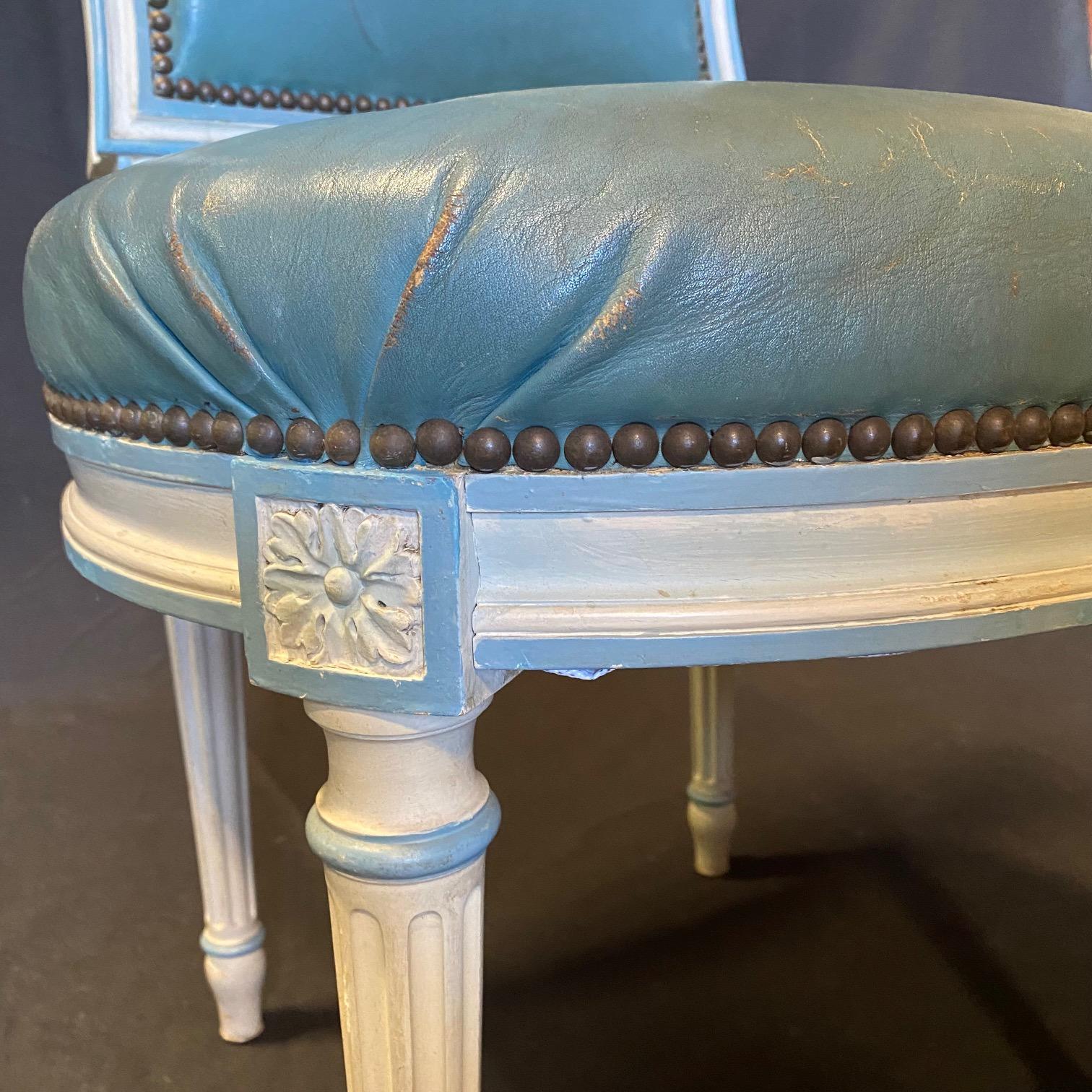 Fine Set of 6 Blue Leather Gold Embossed French Louis XVI Painted Dining Chairs For Sale 1