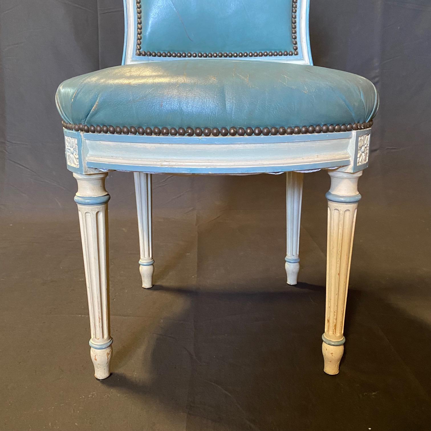 Fine Set of 6 Blue Leather Gold Embossed French Louis XVI Painted Dining Chairs For Sale 2