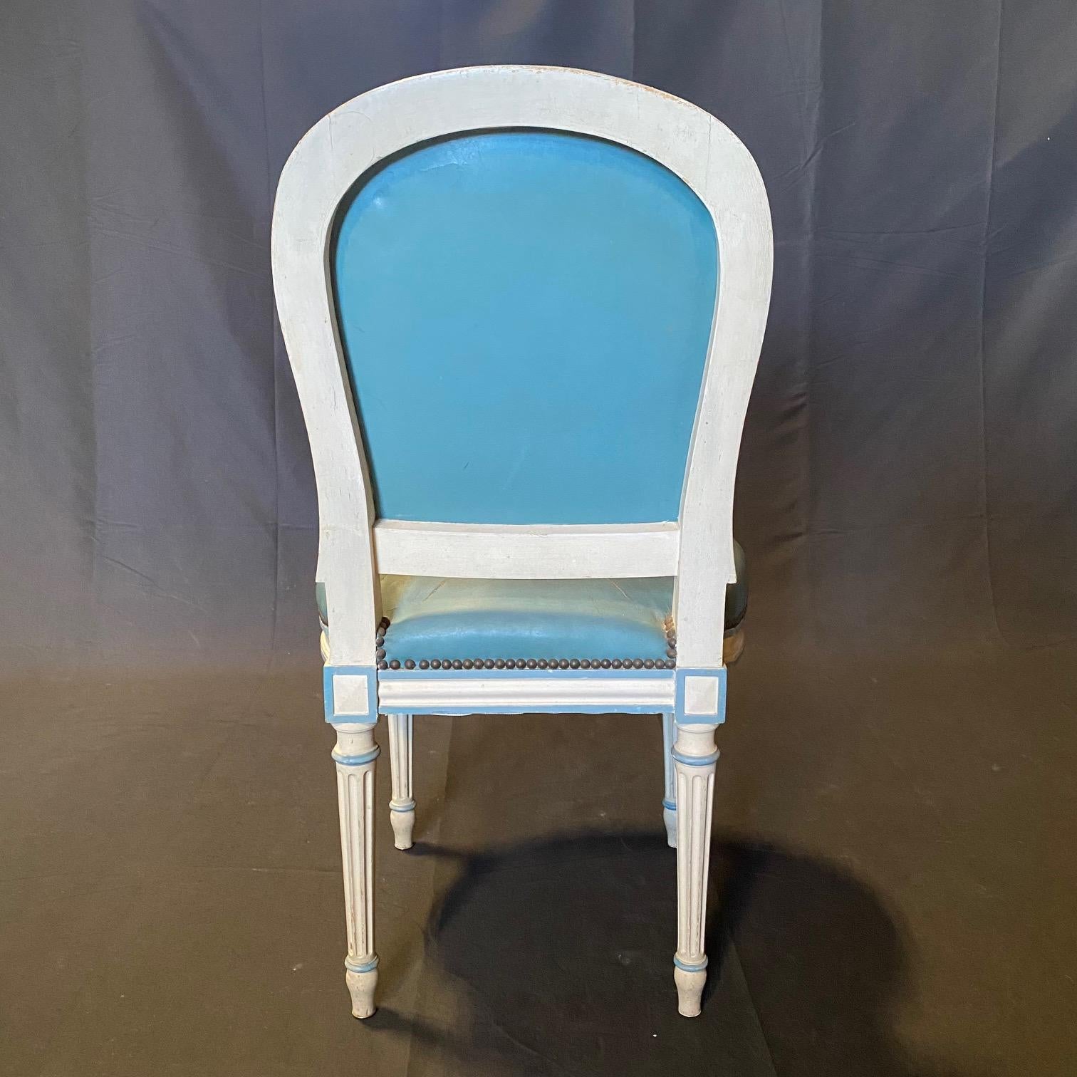 Fine Set of 6 Blue Leather Gold Embossed French Louis XVI Painted Dining Chairs For Sale 4