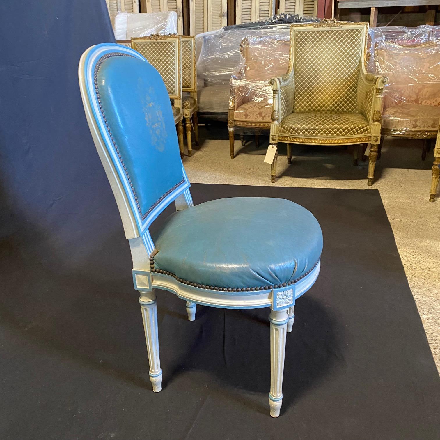 Fine Set of 6 Blue Leather Gold Embossed French Louis XVI Painted Dining Chairs For Sale 5