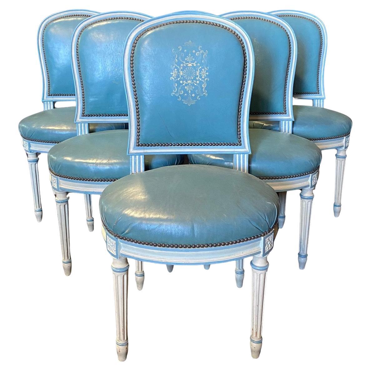 Fine Set of 6 Blue Leather Gold Embossed French Louis XVI Painted Dining Chairs