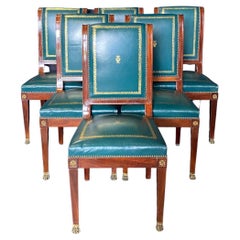 Fine Set of 6 French Antique Leather Gold Embossed Neoclassical Dining Chairs