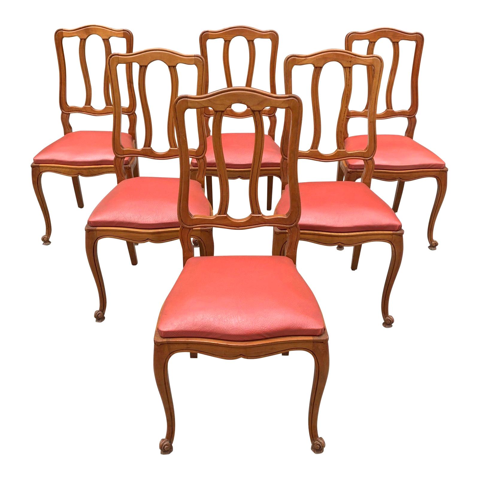 Fine Set of 6 French Vintage Louis XV Solid Walnut Dining Chairs, 1910s For Sale