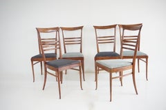 fino juego de 6 Melchiorre Bega de nogal  y sillas de comedor con respaldo alto de terciopelo, 1950