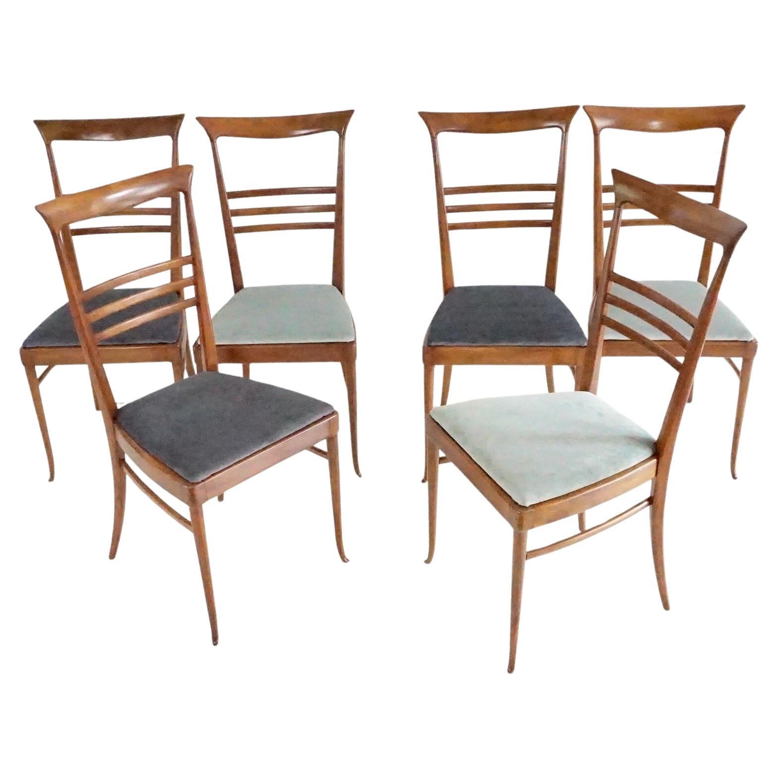 bel ensemble de 6 Melchiorre Bega en noyer  Chaises de salle à manger à haut dossier en velours, 1950 en vente