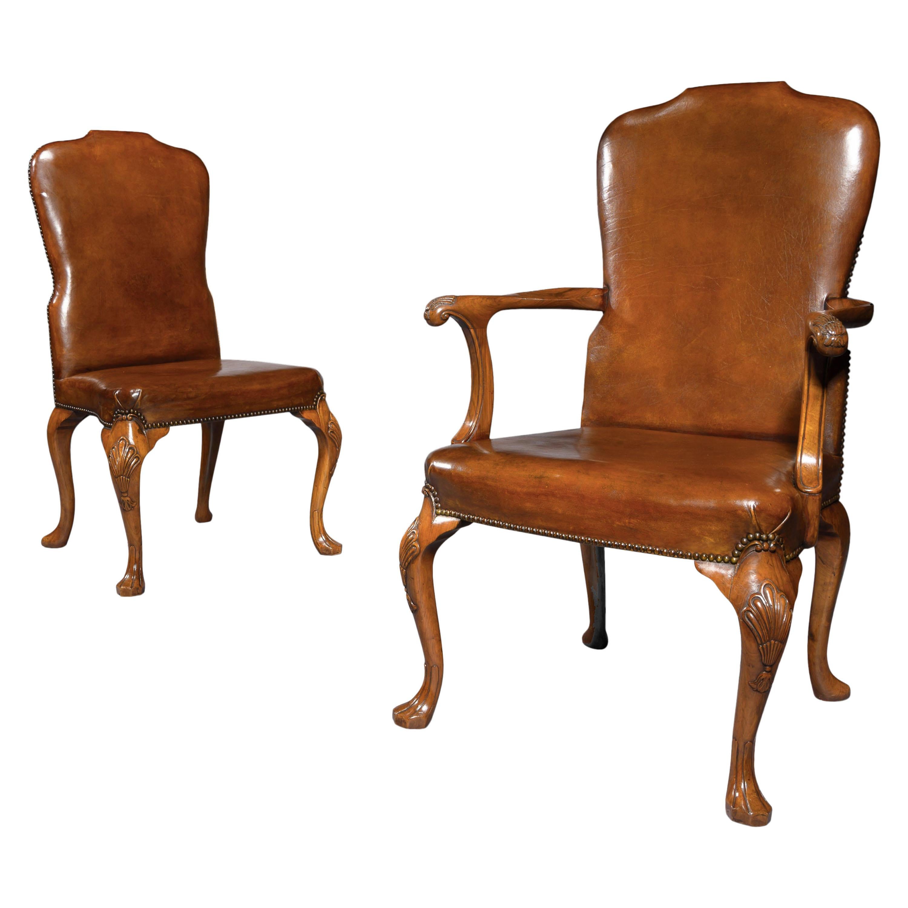 Fine Set of 8 '6 & 2' Generously Sized Antique Walnut and Leather Dining Chairs