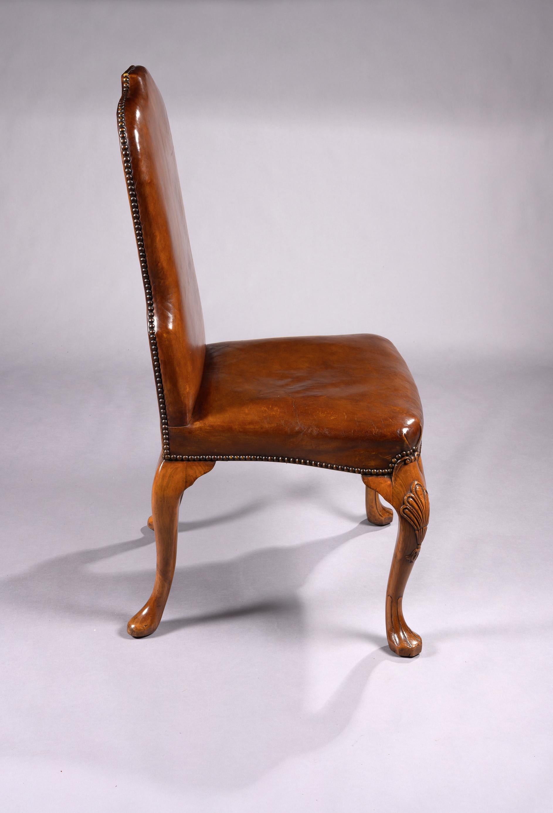 Fine Set of 8 '6 & 2' Generously Sized Antique Walnut and Leather Dining Chairs 4