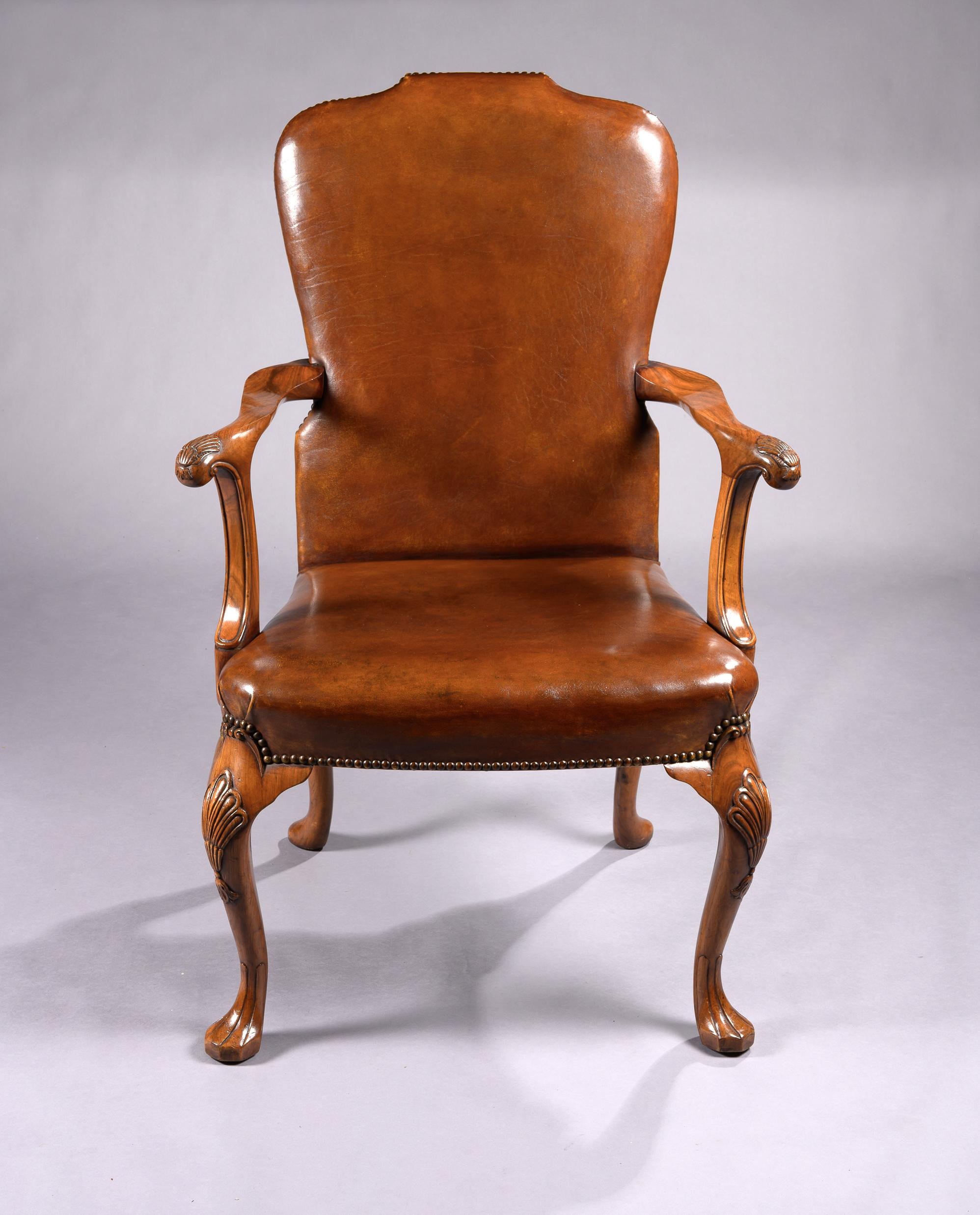 Fine Set of 8 '6 & 2' Generously Sized Antique Walnut and Leather Dining Chairs 6