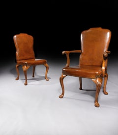 Fine Set of 8 '6 & 2' Generously Sized Antique Walnut and Leather Dining Chairs