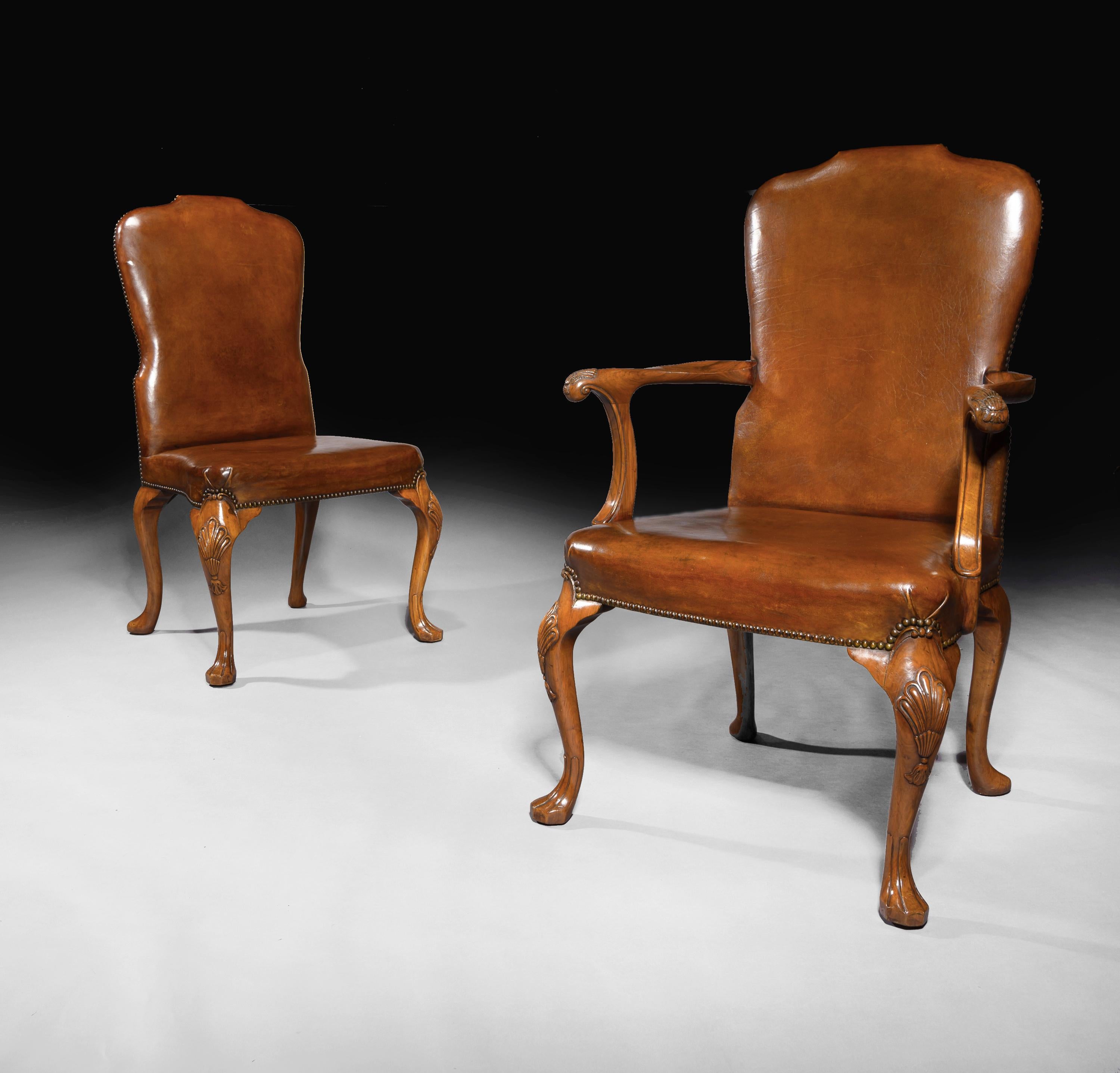 George II Fine Set of 8 '6 & 2' Generously Sized Antique Walnut and Leather Dining Chairs