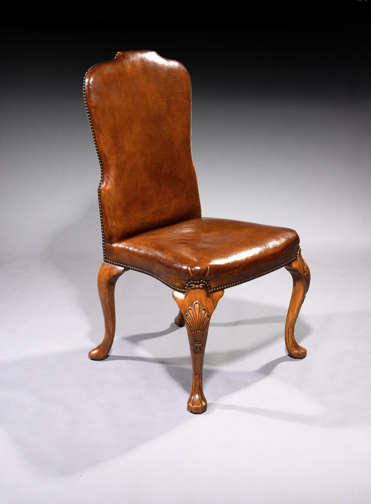 English Fine Set of 8 '6 & 2' Generously Sized Antique Walnut and Leather Dining Chairs
