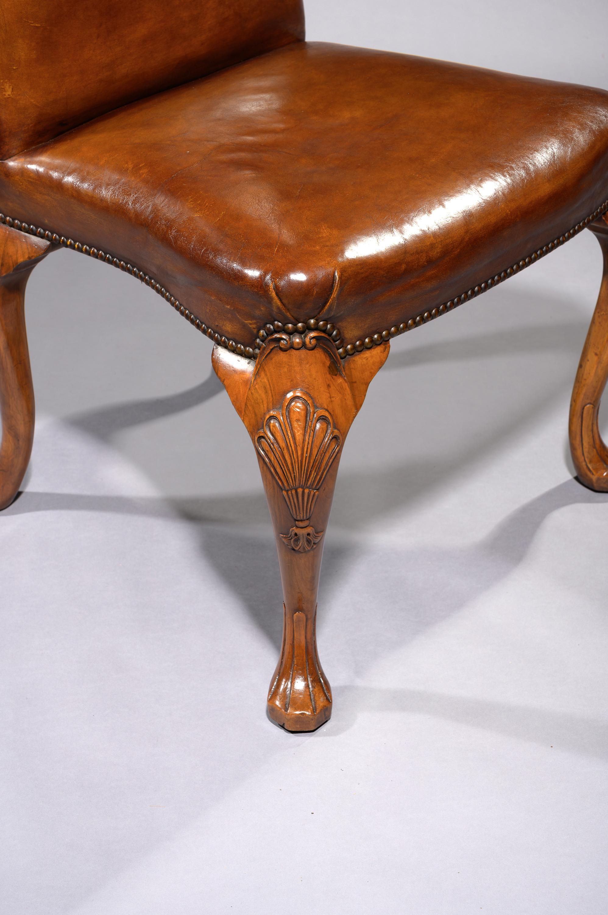 20th Century Fine Set of 8 '6 & 2' Generously Sized Antique Walnut and Leather Dining Chairs