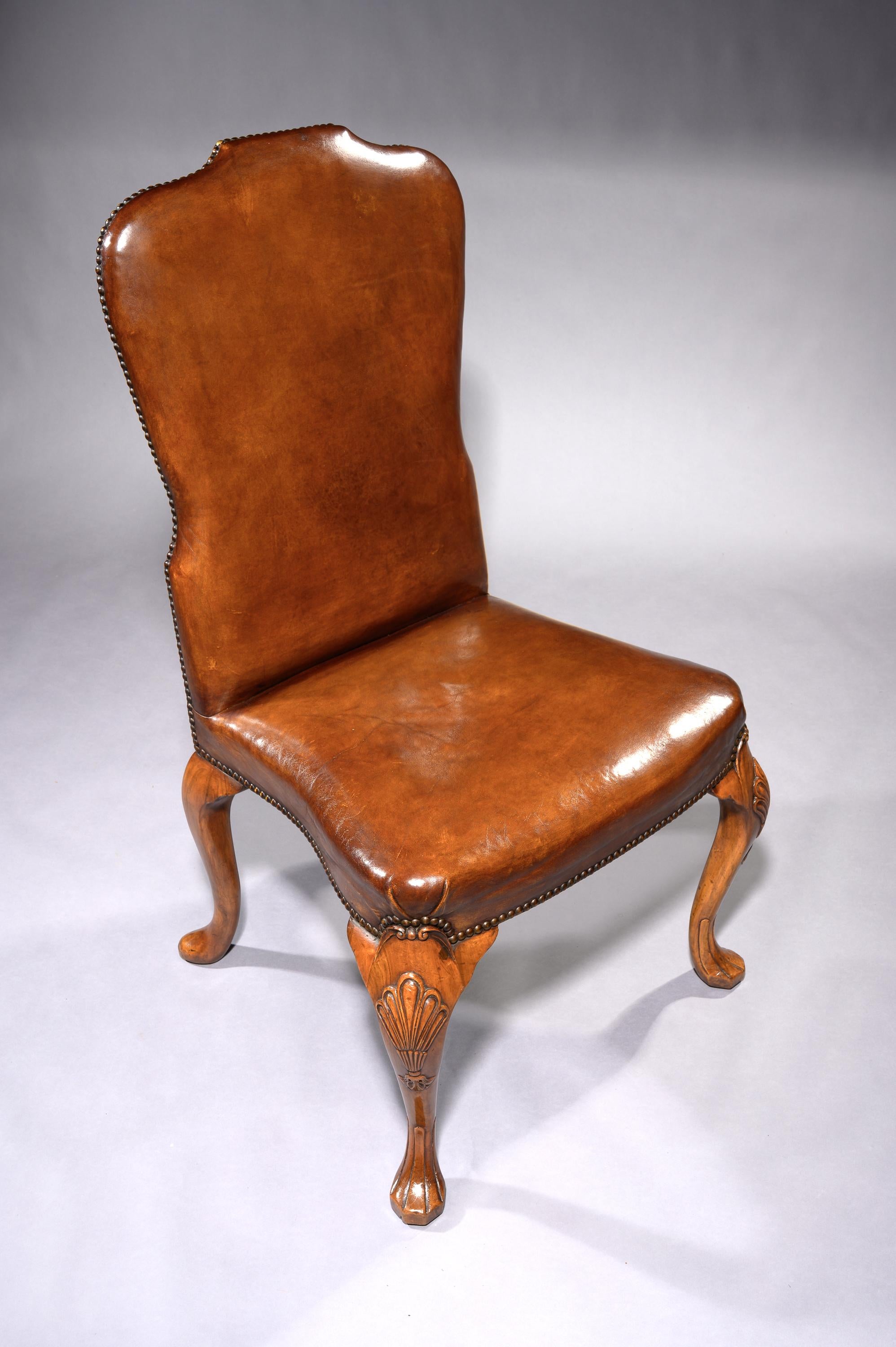 Fine Set of 8 '6 & 2' Generously Sized Antique Walnut and Leather Dining Chairs 2