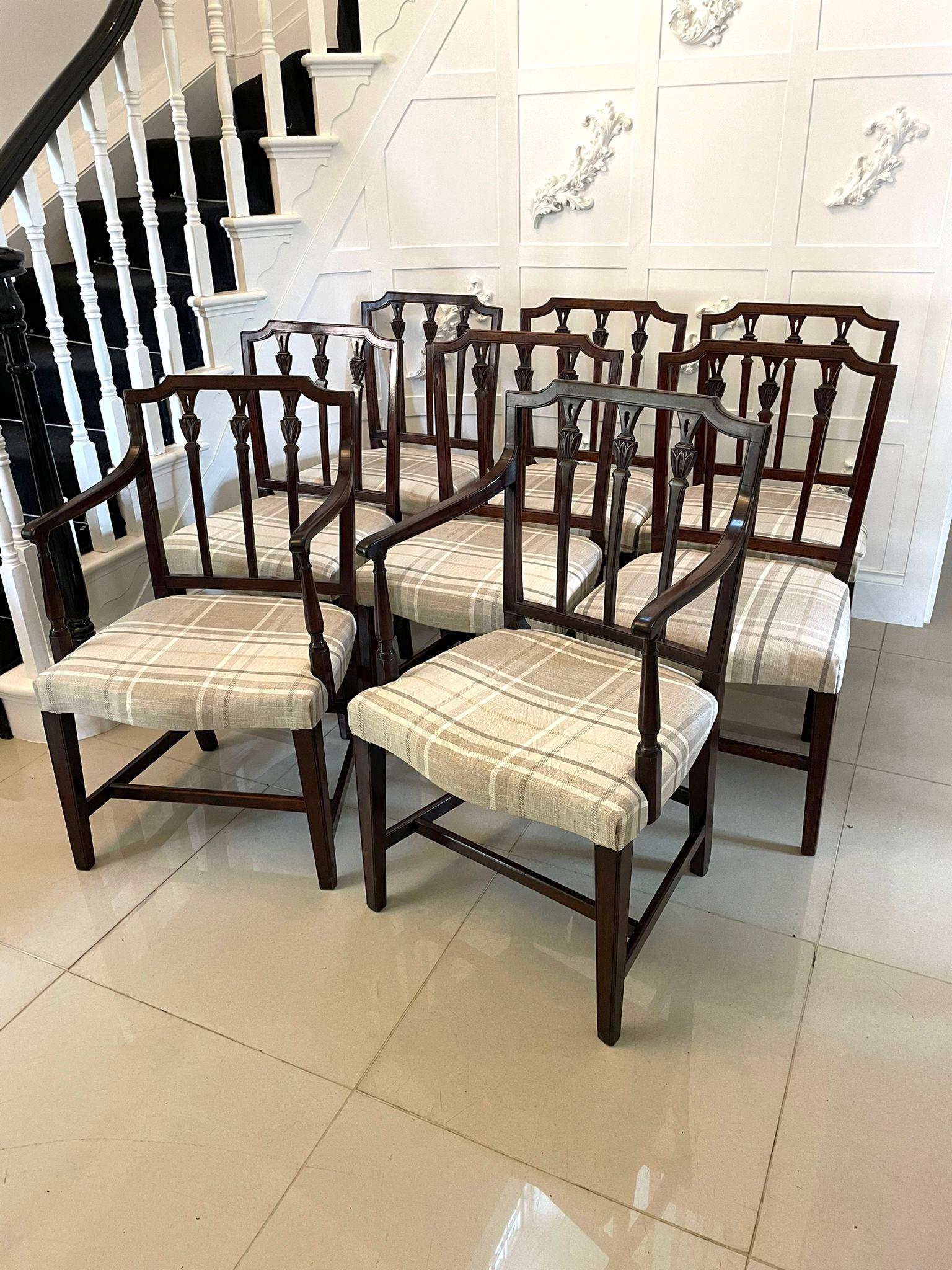 Fine set of 8 antique George III mahogany dining chairs consisting of a pair of elbow chairs and 6 single chairs having superb quality mahogany carved backs with a turned mahogany support, the elbow chairs having shaped open arms, newly