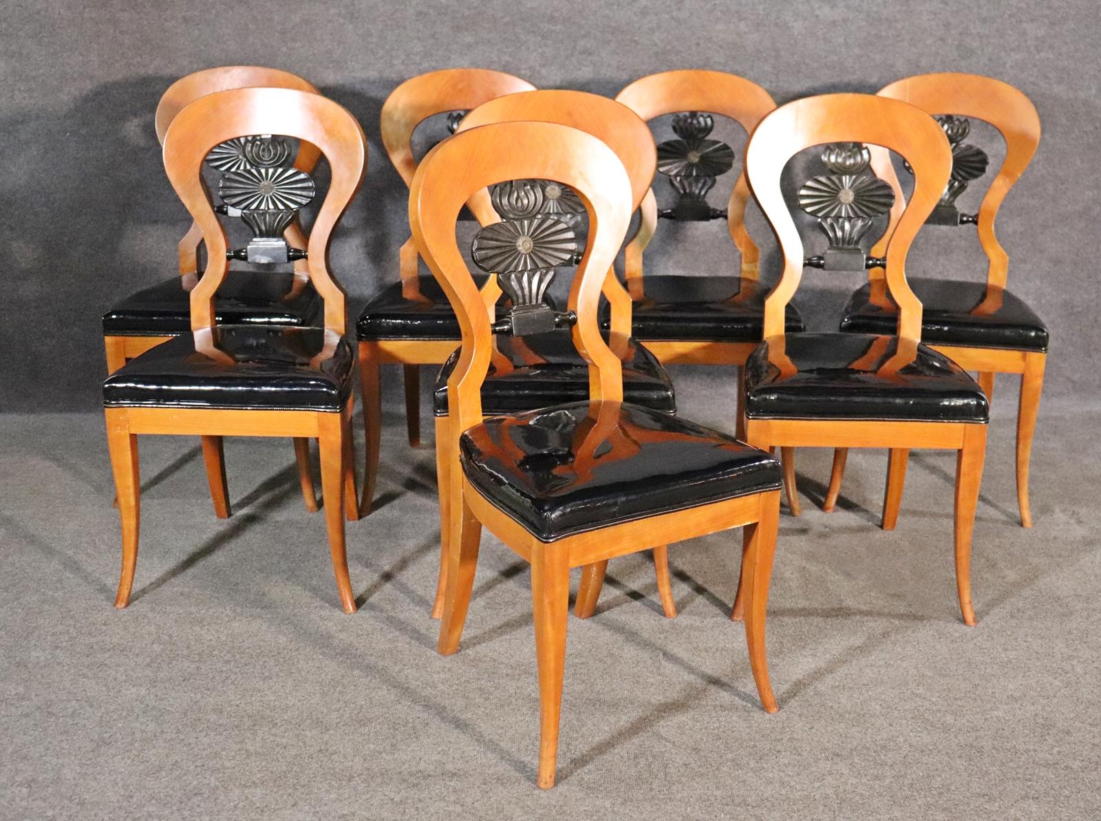 American Fine Set of 8 Black Vinyl Upholstered Ebonized Biedermeier Birch Dining Chairs