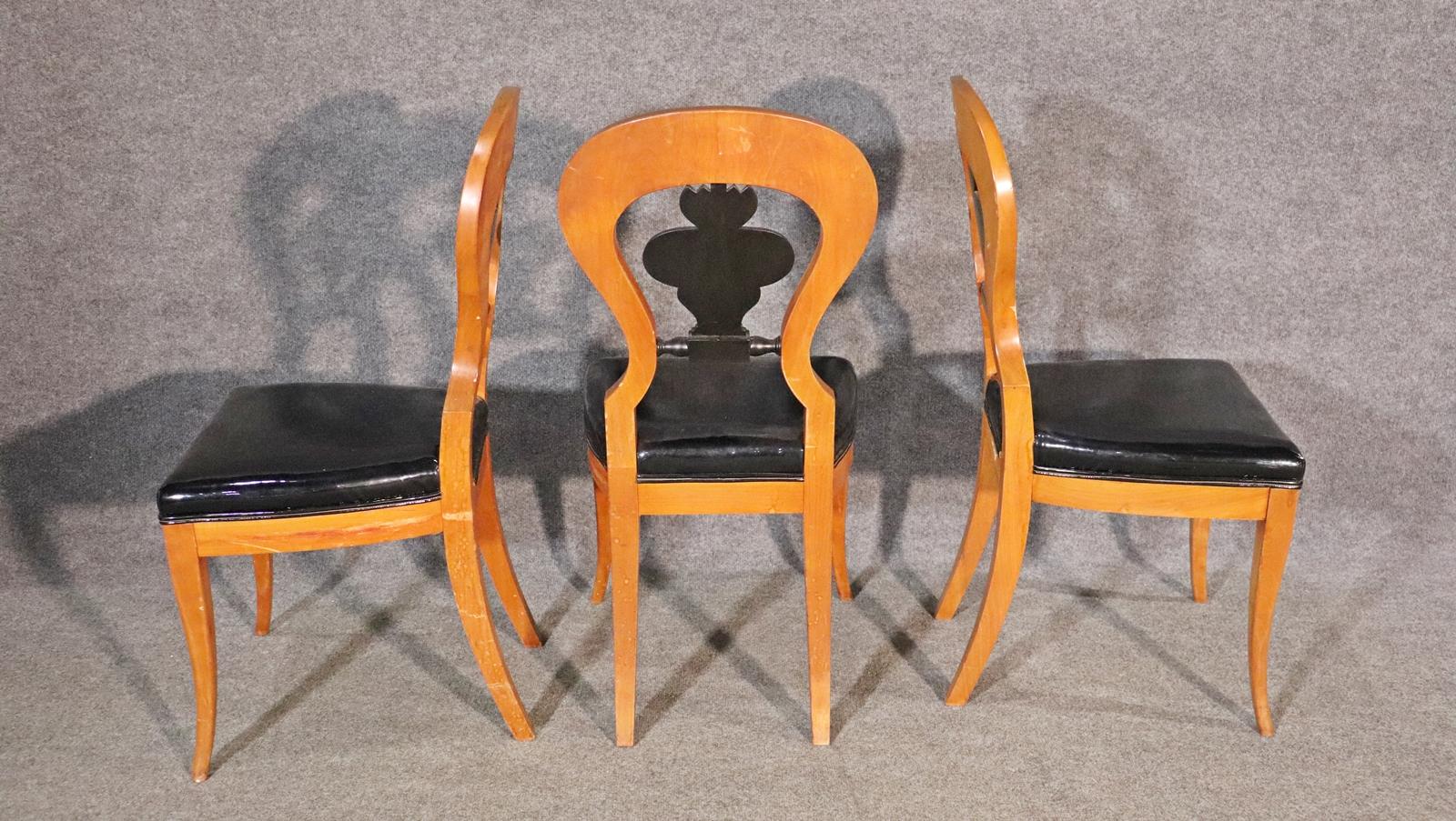 Faux Leather Fine Set of 8 Black Vinyl Upholstered Ebonized Biedermeier Birch Dining Chairs