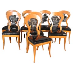 Fine Set of 8 Black Vinyl Upholstered Ebonized Biedermeier Birch Dining Chairs