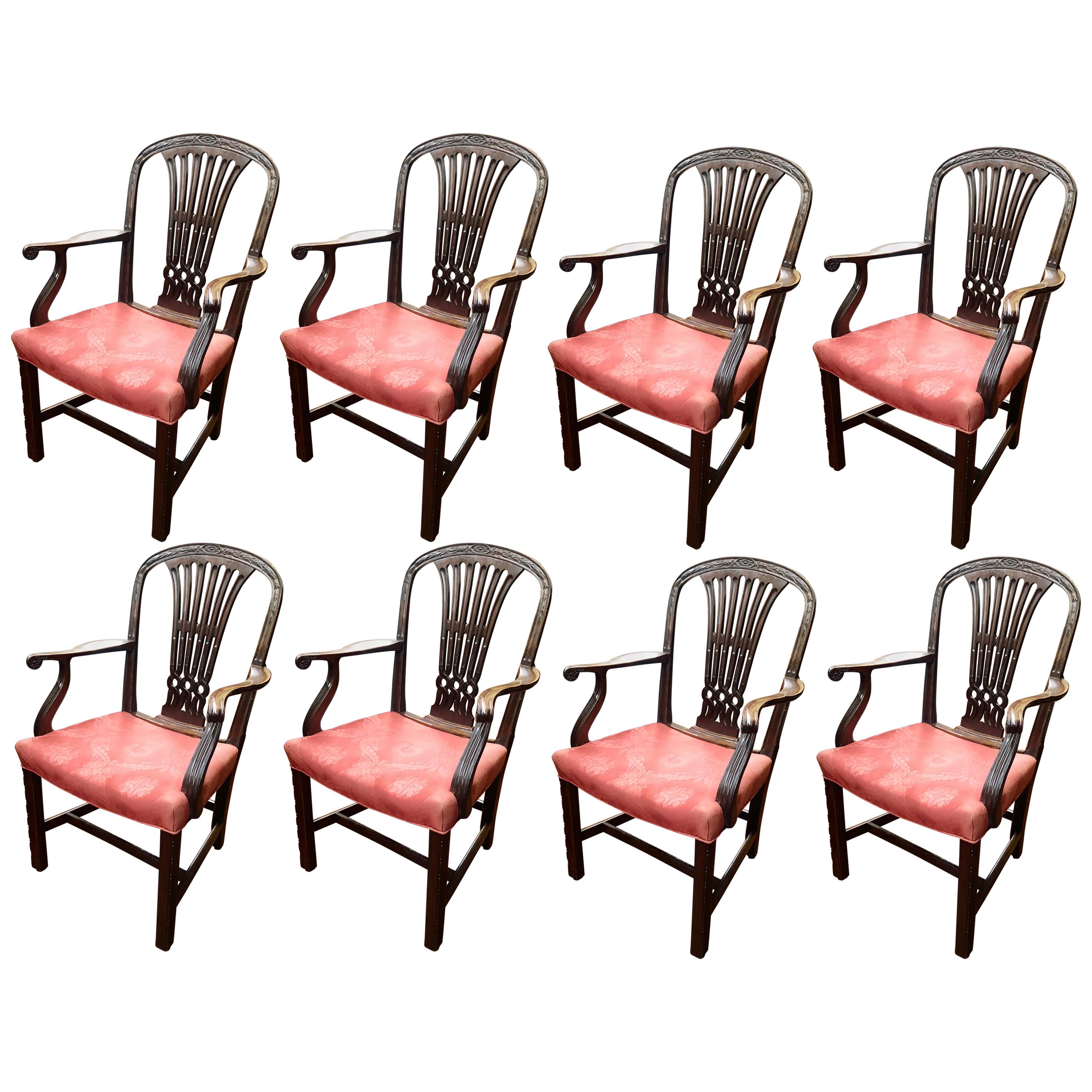 Feiner Satz von 8 handgeschnitzten massiven Mahagoni-Esszimmerstühlen im Hepplewhite-Stil