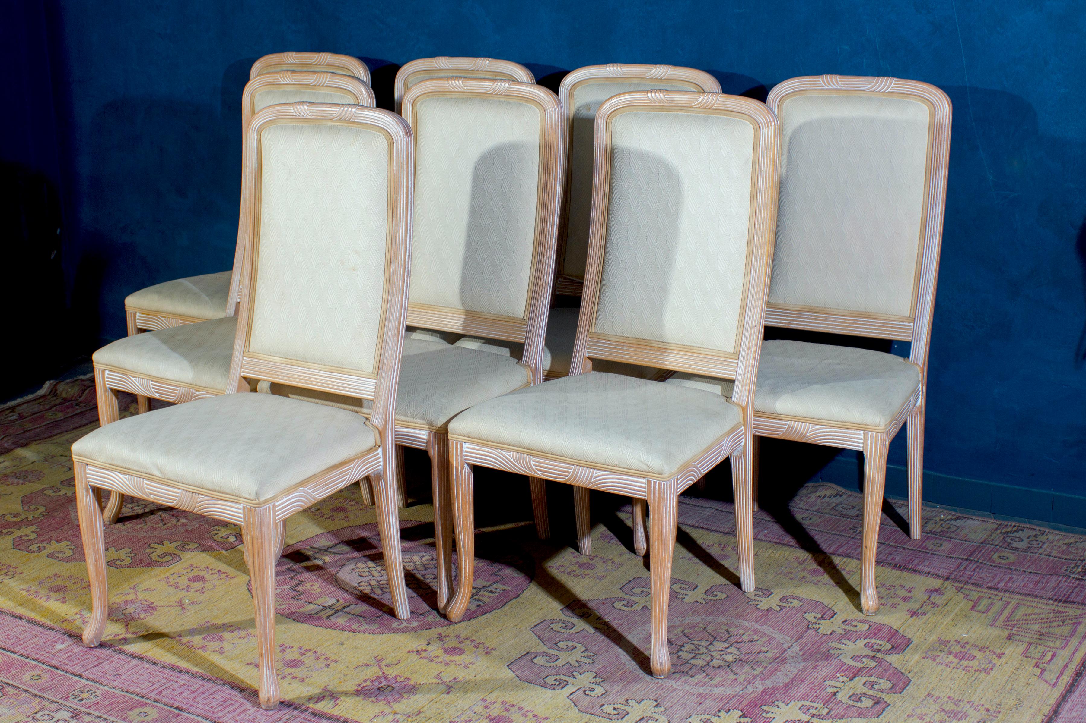 Mid-Century Modern Fine Set of 8 Italian White Decapé Wood Chairs, 1970s For Sale