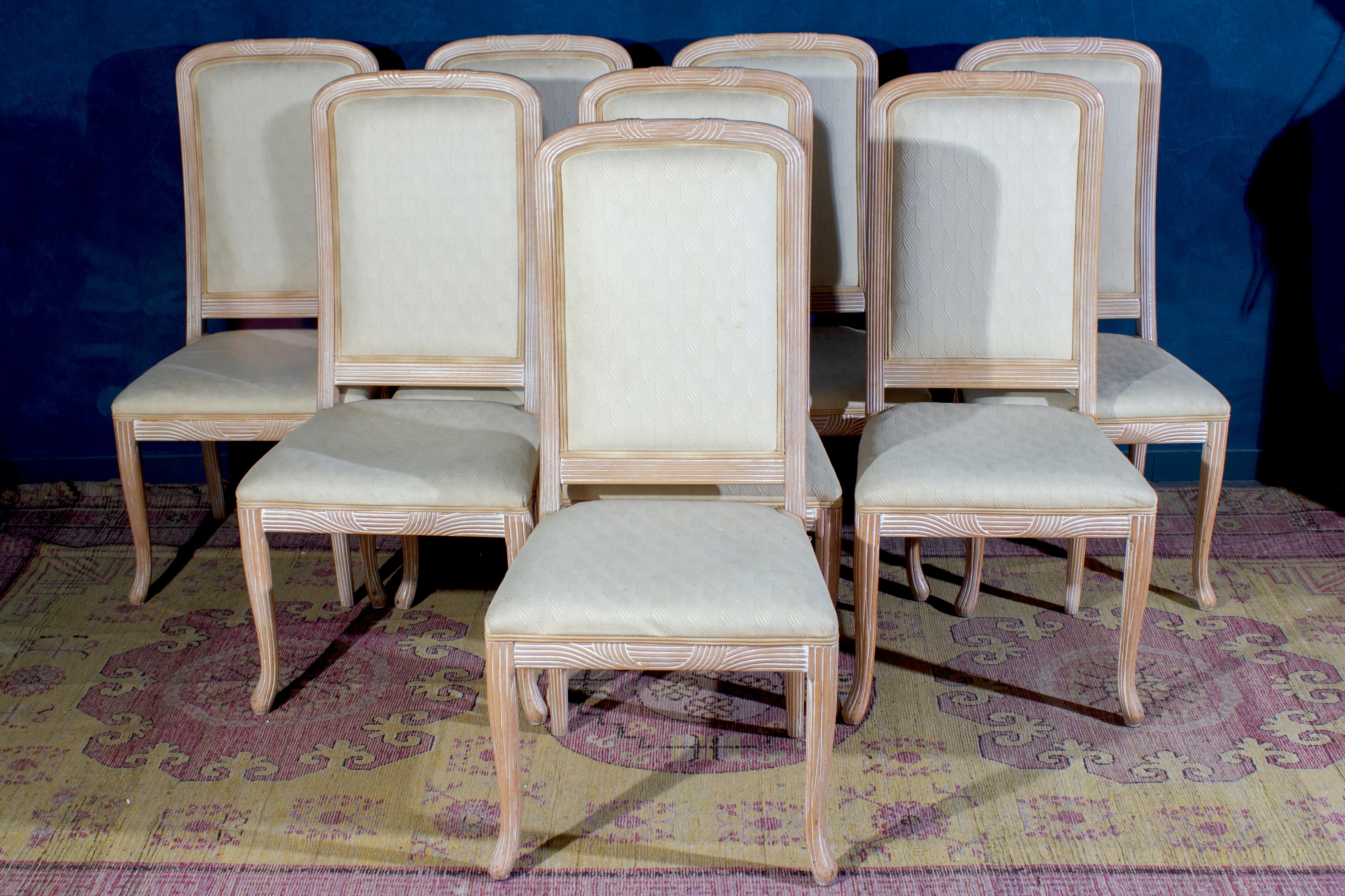 Fine Set of 8 Italian White Decapé Wood Chairs, 1970s For Sale 4