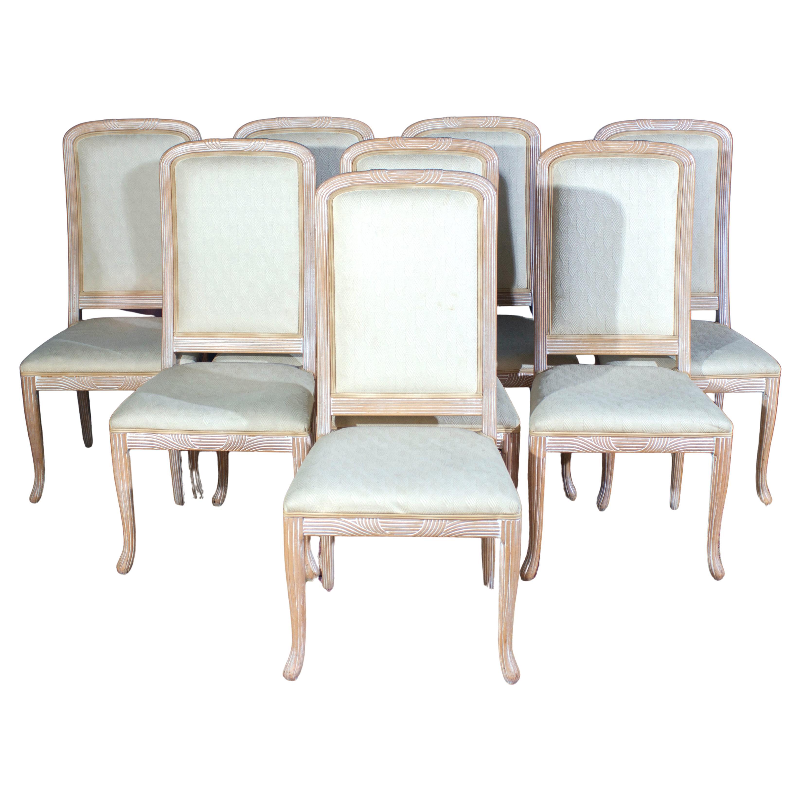 Fine Set of 8 Italian White Decapé Wood Chairs, 1970s