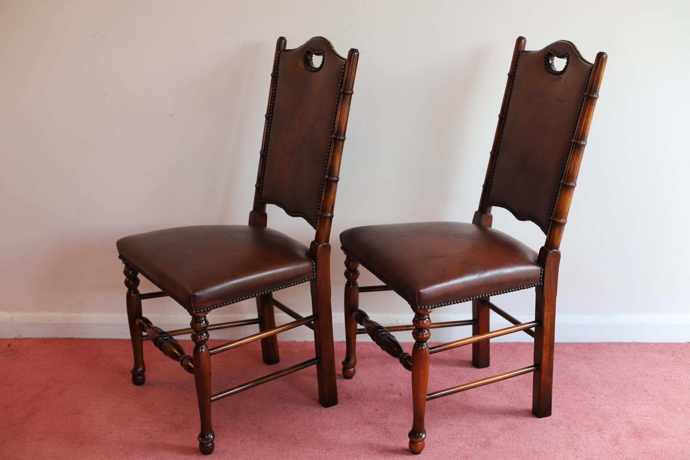 Fine Set of 8 Leather Bamboo-Effect Dining Chairs Made by Theodore Alexander For Sale 8