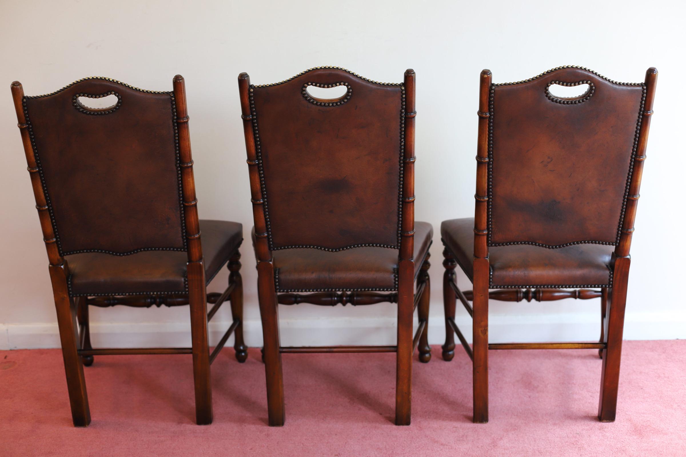 British Fine Set of 8 Leather Bamboo-Effect Dining Chairs Made by Theodore Alexander For Sale