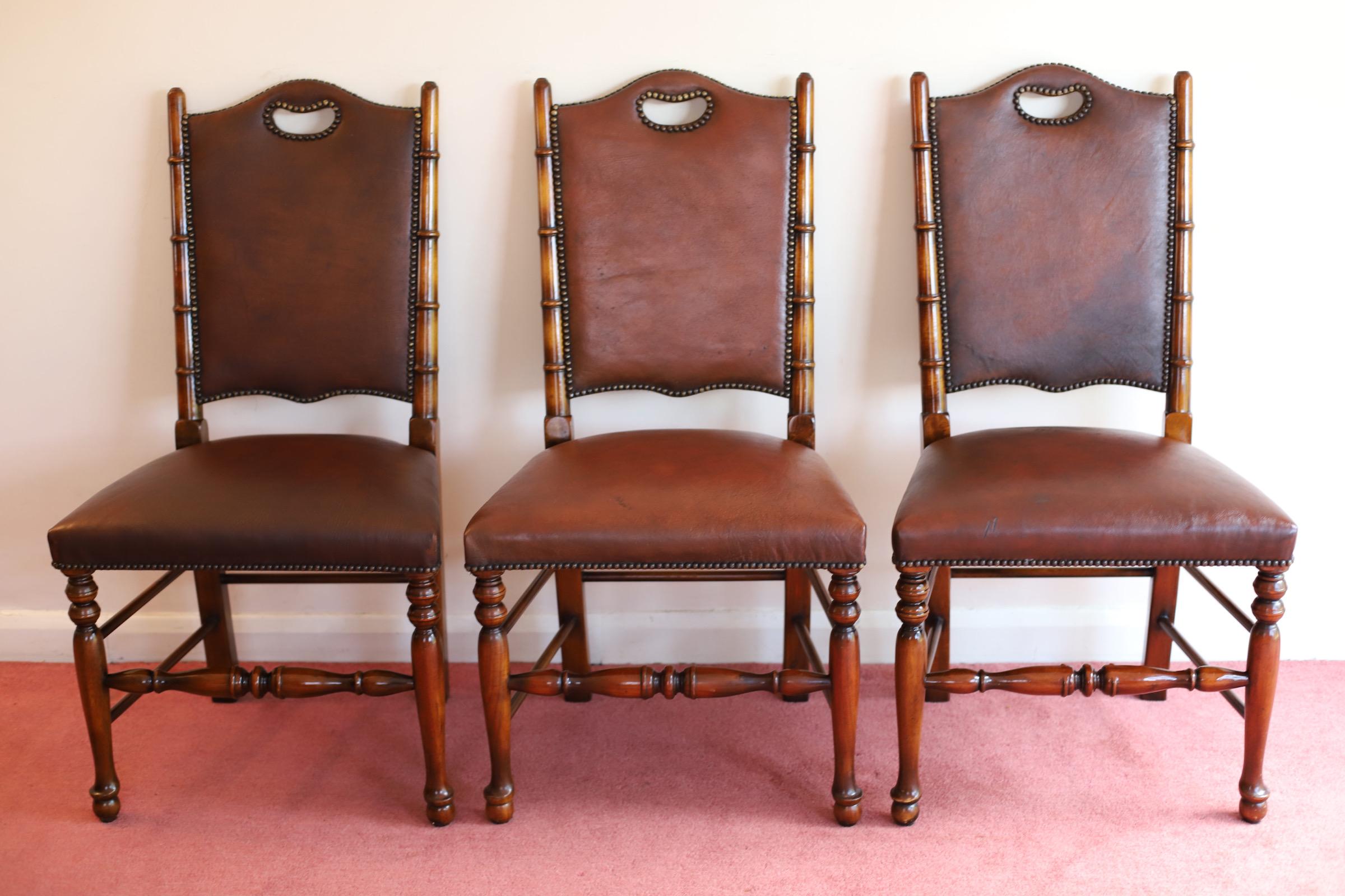Hand-Crafted Fine Set of 8 Leather Bamboo-Effect Dining Chairs Made by Theodore Alexander For Sale