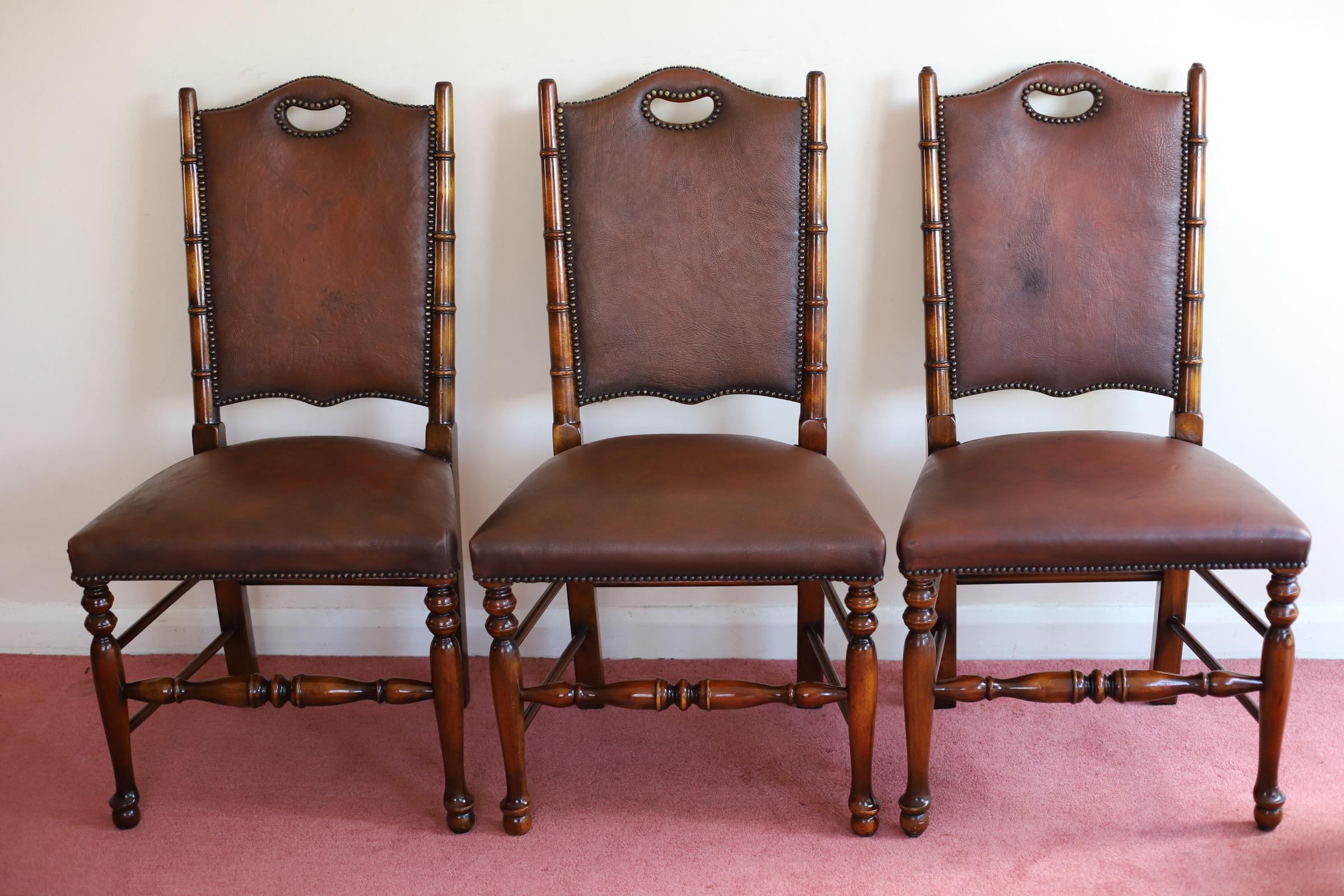 Fine Set of 8 Leather Bamboo-Effect Dining Chairs Made by Theodore Alexander In Good Condition For Sale In Crawley, GB