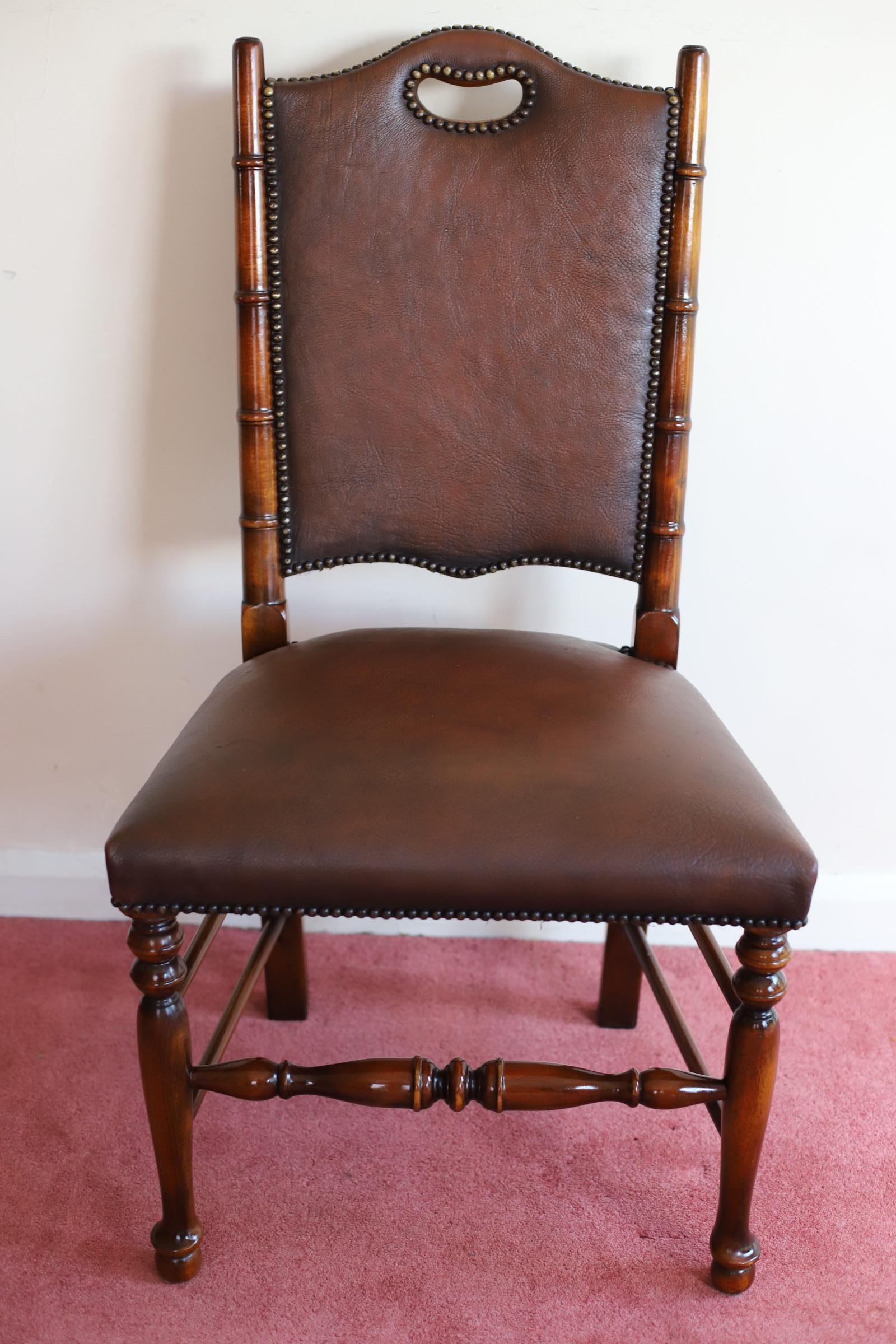 20th Century Fine Set of 8 Leather Bamboo-Effect Dining Chairs Made by Theodore Alexander For Sale
