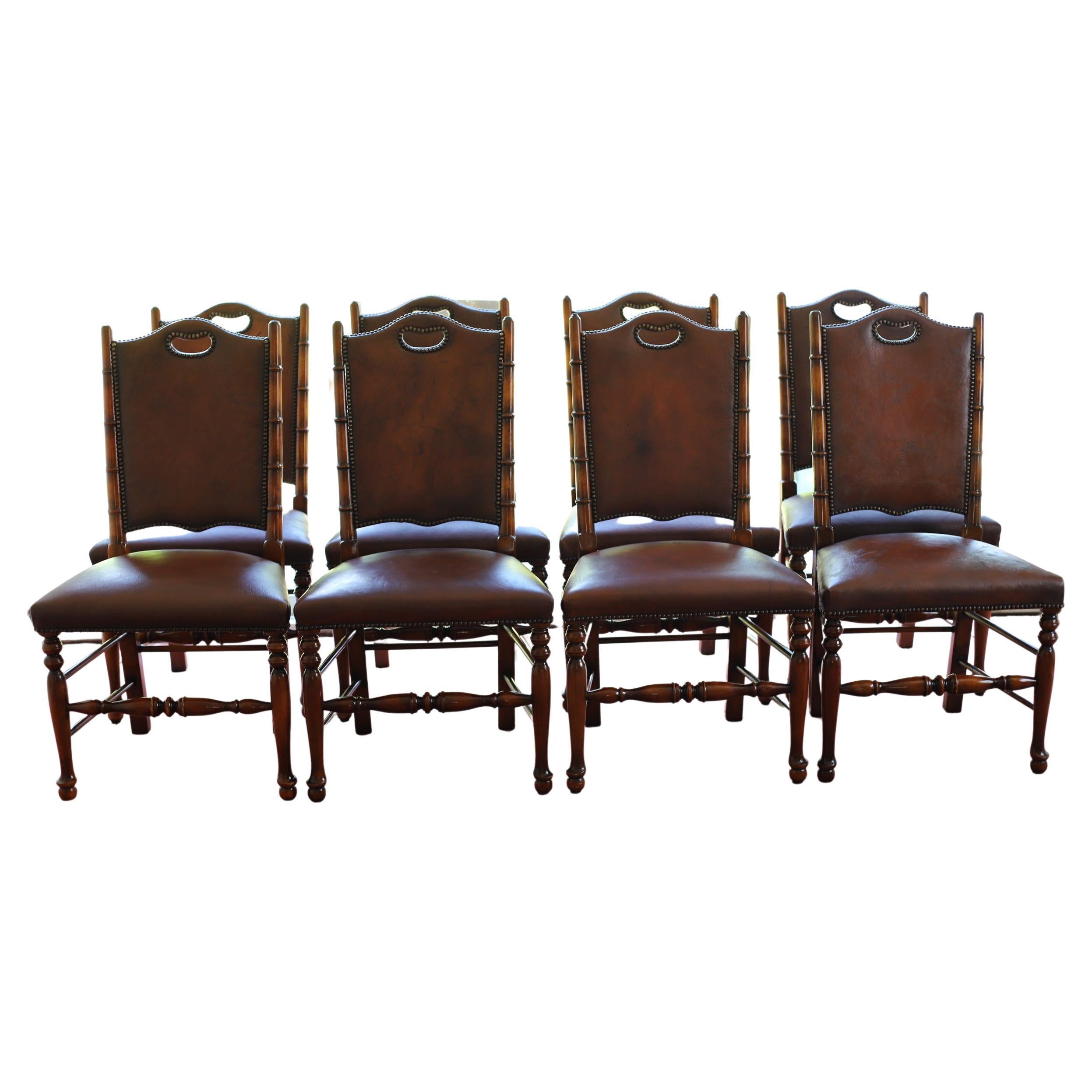 Ensemble de 8 chaises de salle à manger en cuir et effet bambou fabriquées par Theodore Alexander