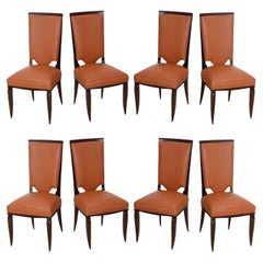 Fine Set of Eight Late Art Deco Ebony De Macassar Dining Chairs, Jules Lel