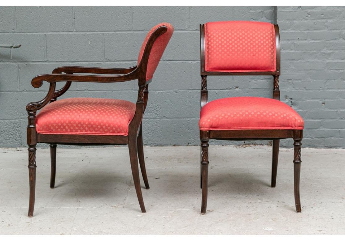 Fine Set Of Eight Neoclassical Style Dining Chairs With Red Silk Upholstery For Sale 5