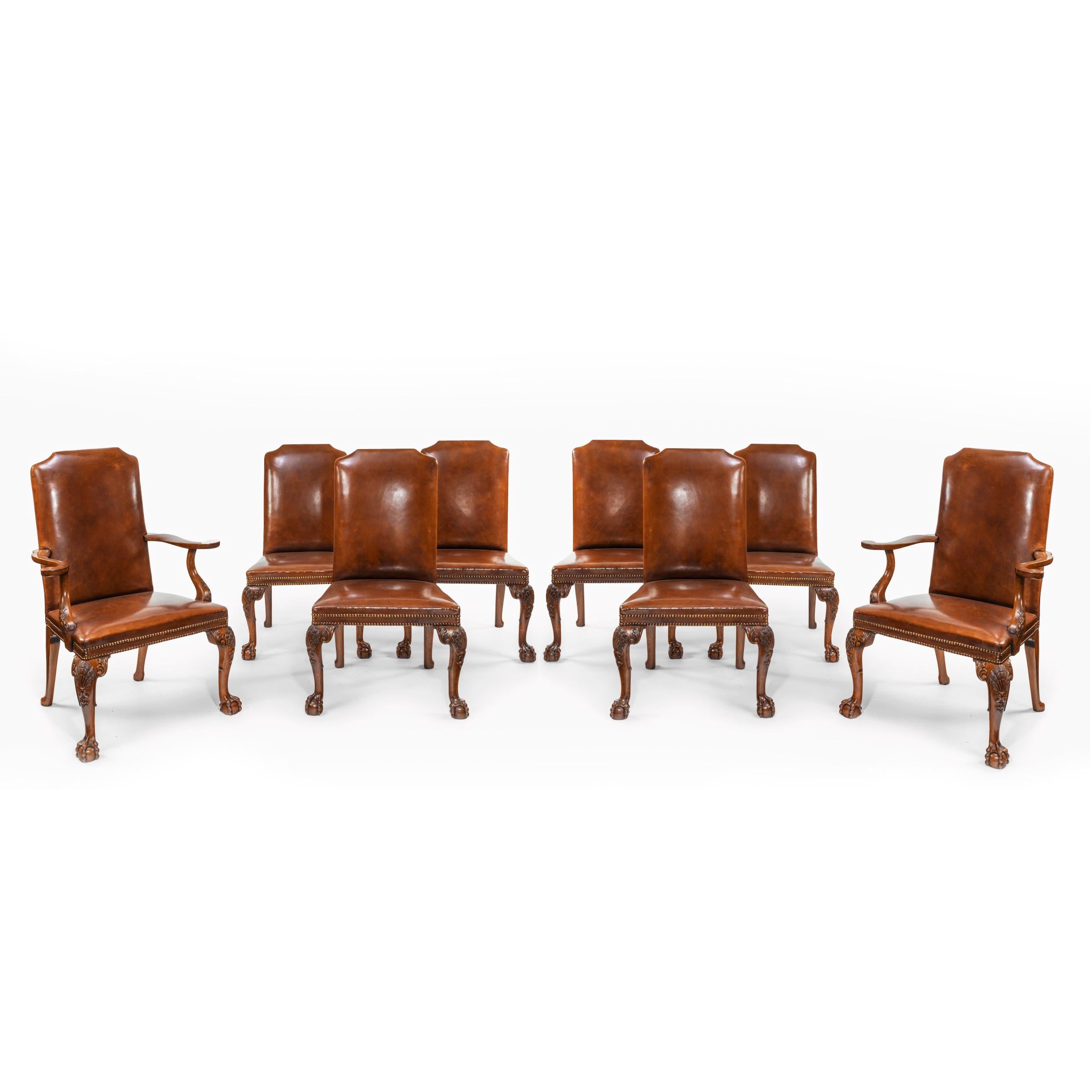 Fine Set of Eight Walnut and Leather Cabriole Leg Dining Chairs Queen Anne Style 8