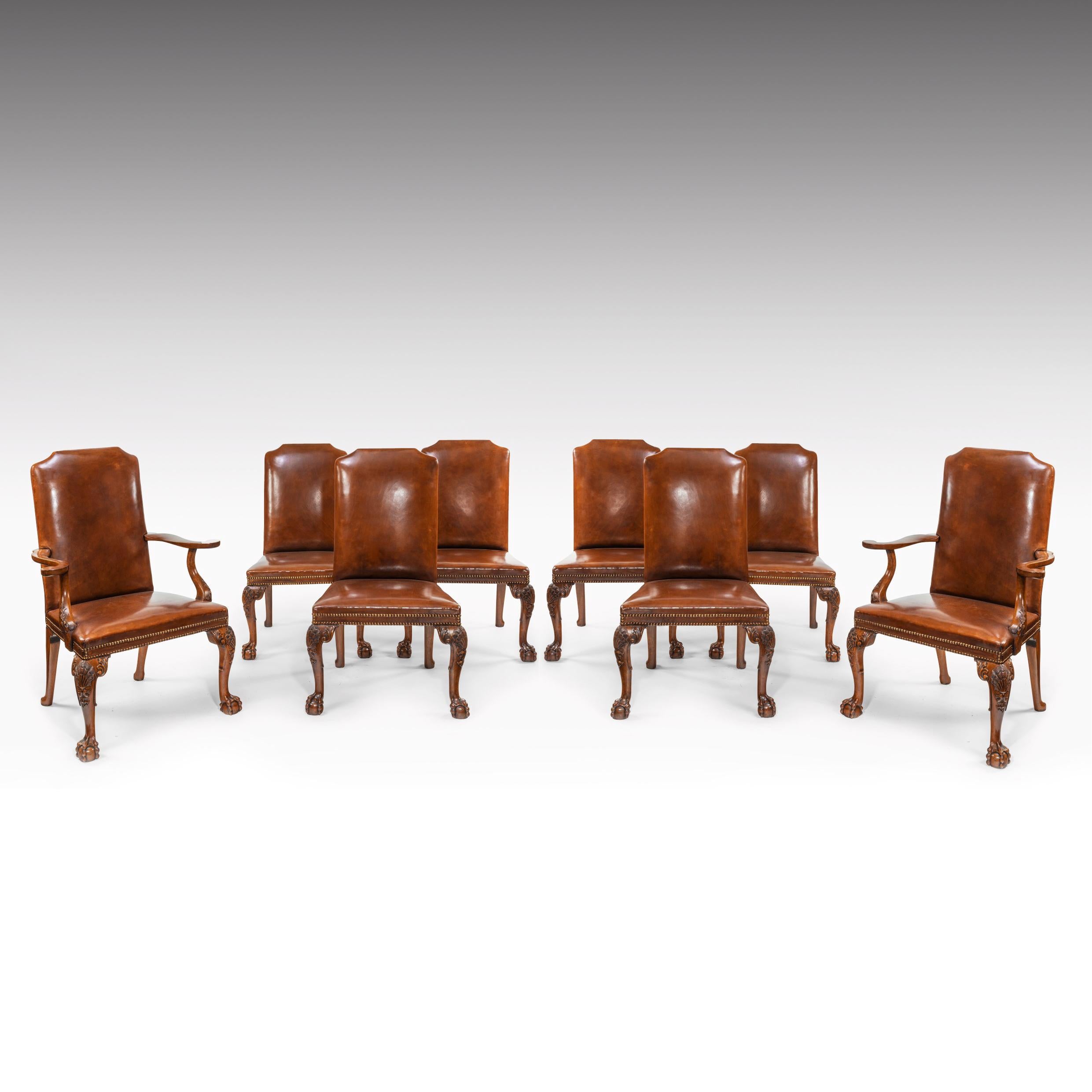 Fine Set of Eight Walnut and Leather Cabriole Leg Dining Chairs Queen Anne Style 8
