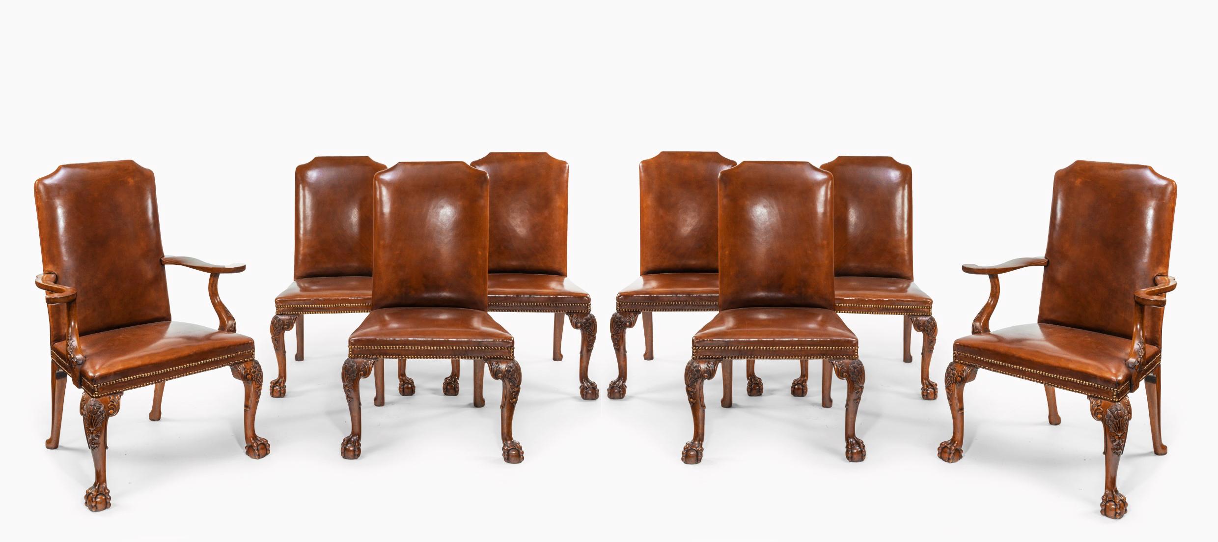 English Fine Set of Eight Walnut and Leather Cabriole Leg Dining Chairs Queen Anne Style