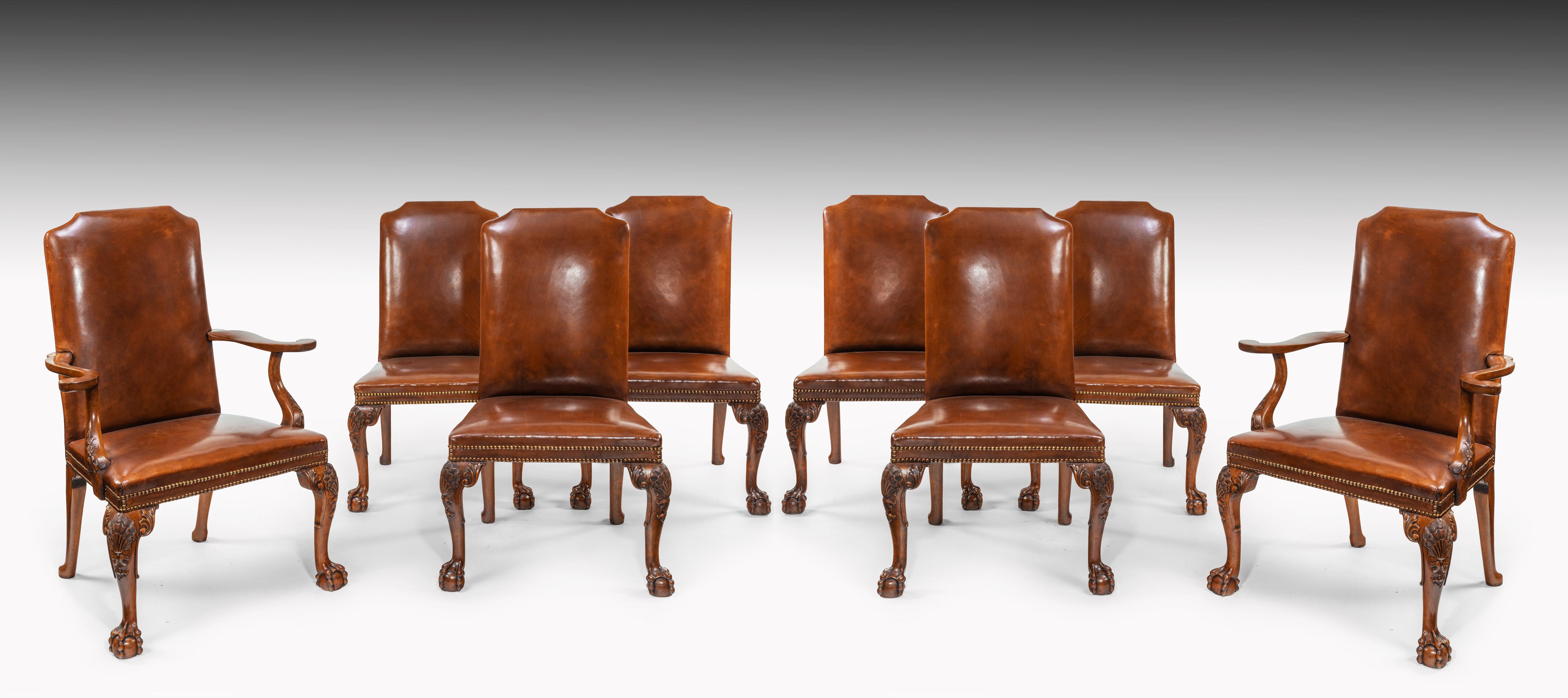 Hand-Carved Fine Set of Eight Walnut and Leather Cabriole Leg Dining Chairs Queen Anne Style