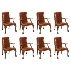 Fine Set of Eight Walnut and Leather Cabriole Leg Dining Chairs Queen Anne Style