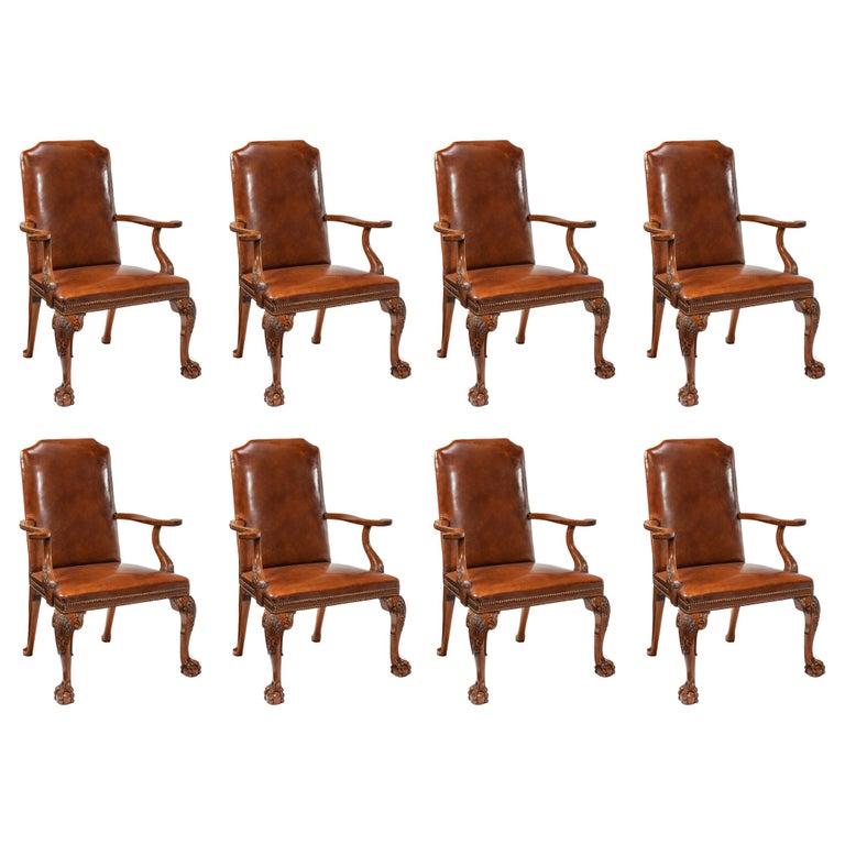 Fine Set Of Eight Walnut And Leather Cabriole Leg Dining Chairs Queen Anne Style At 1stdibs