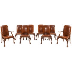 Antique Fine Set of Eight Walnut and Leather Upholstered Dining Chairs