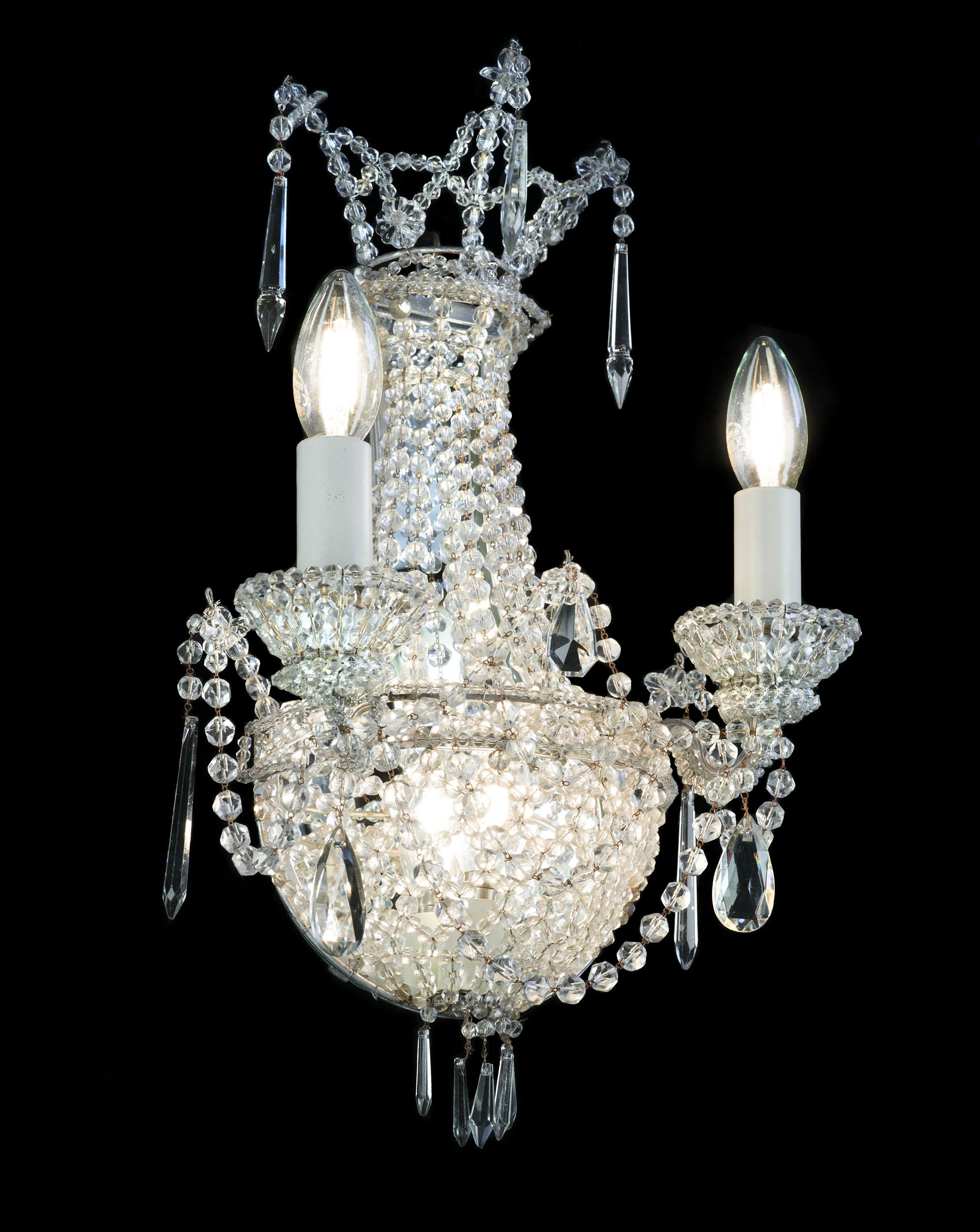 Glass Fine Set of Four Beaded Girandole Wall Sconces For Sale