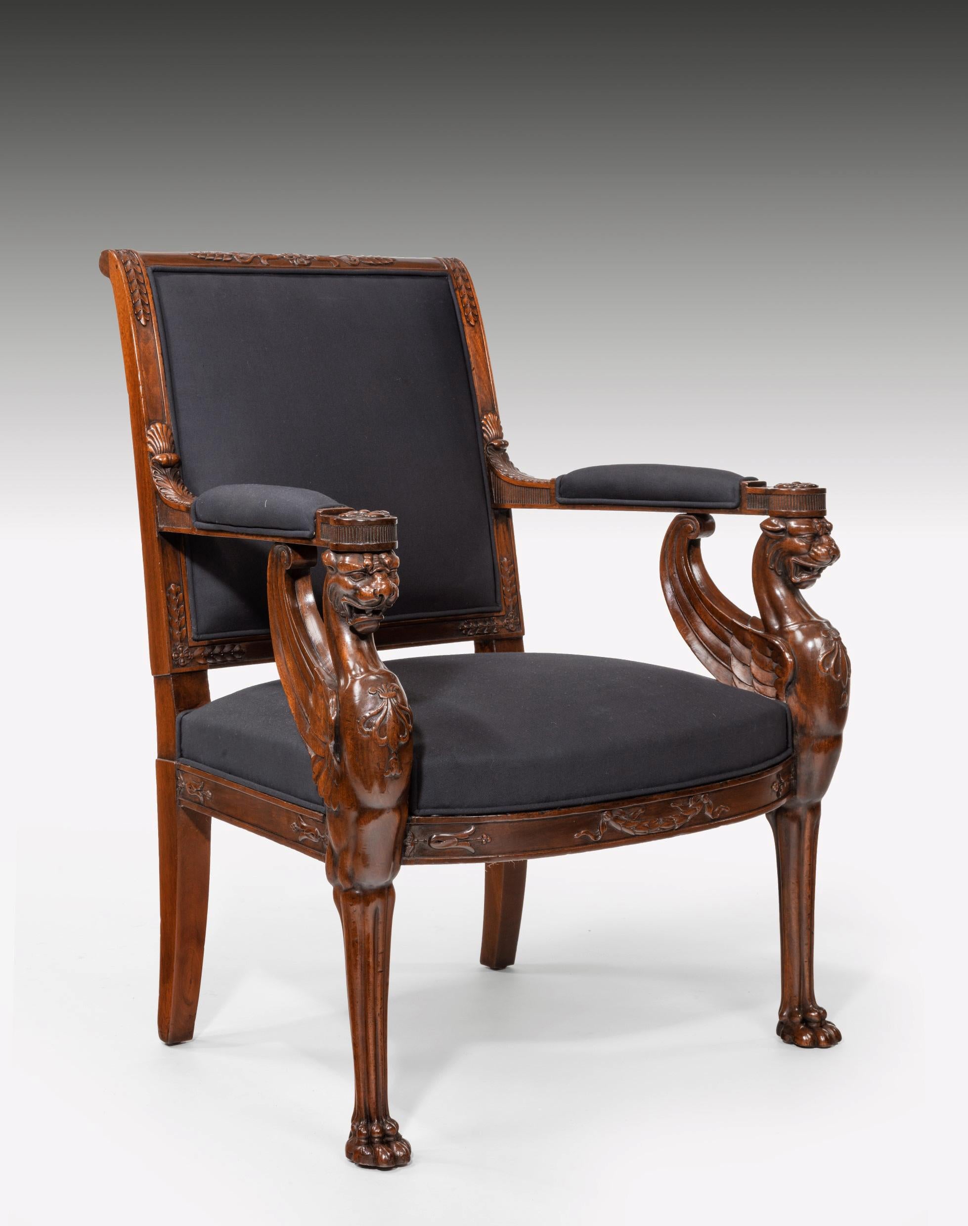 Hand-Carved Fine Set of Four Empire Period Mahogany Fauteuils