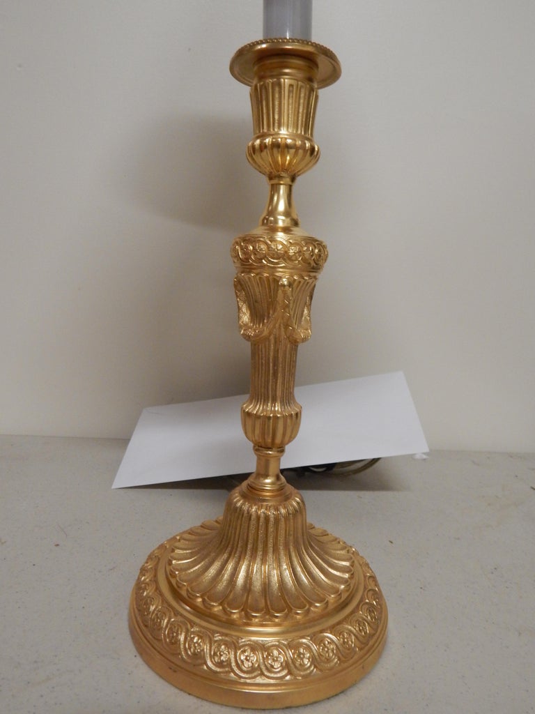 Fine Set of Four Louis XVI Style Dore Bronze Candlestick Lamps For Sale 1