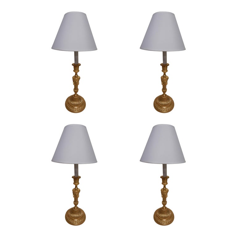 Fine Set of Four Louis XVI Style Dore Bronze Candlestick Lamps For Sale