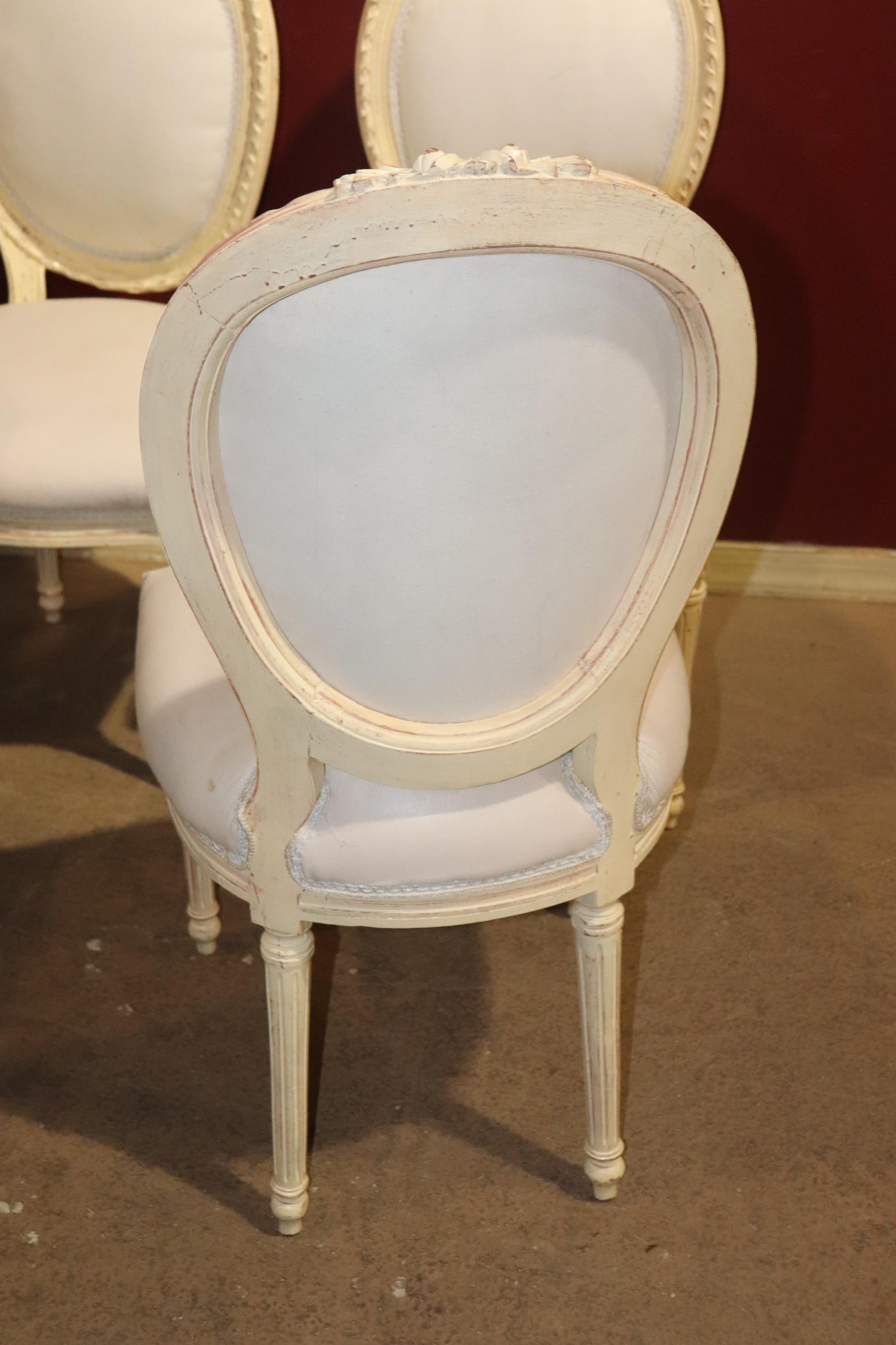 Fine Set of French Creme Painted Louis XVI Cameo Back Carved Dining Chairs 5
