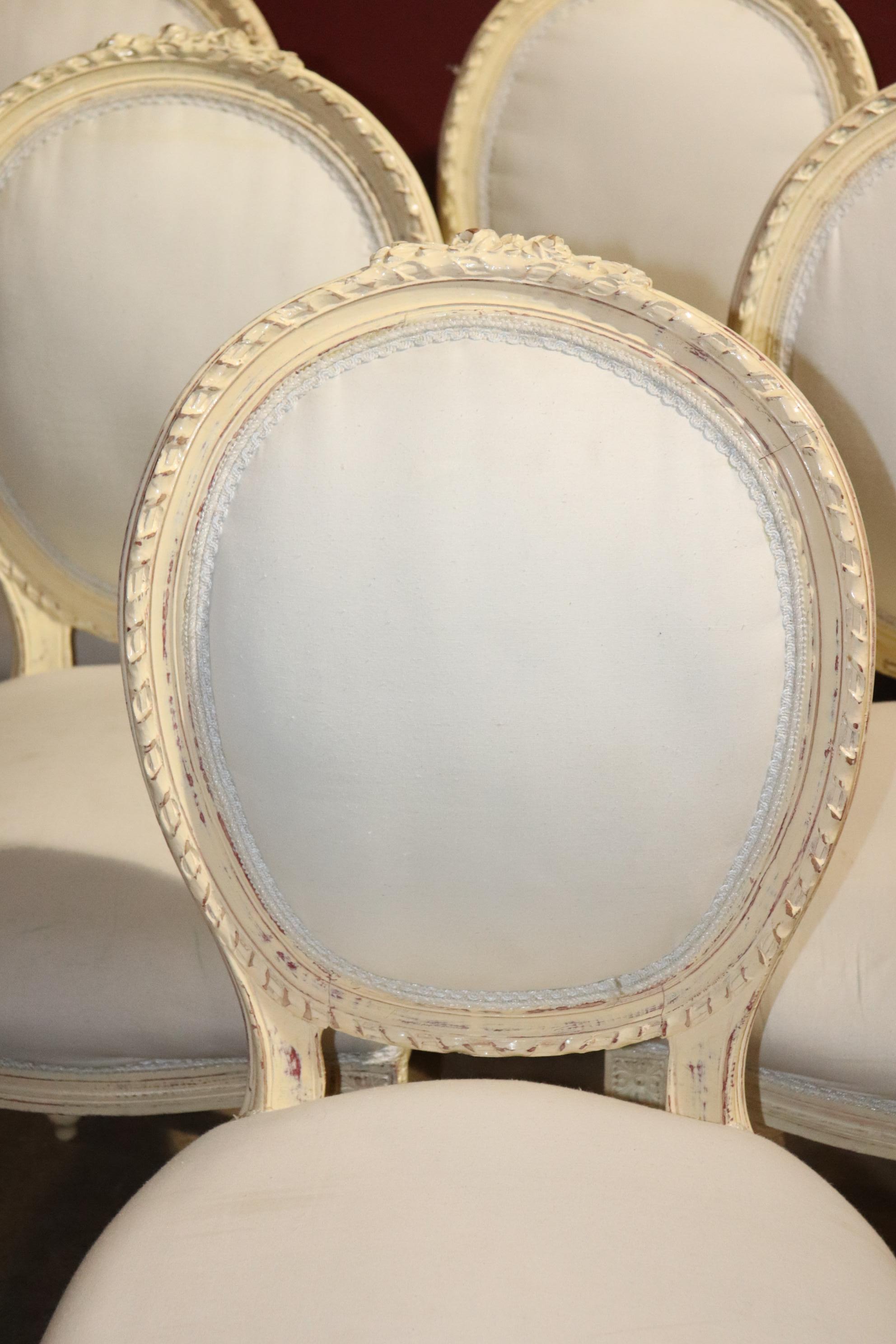 Walnut Fine Set of French Creme Painted Louis XVI Cameo Back Carved Dining Chairs